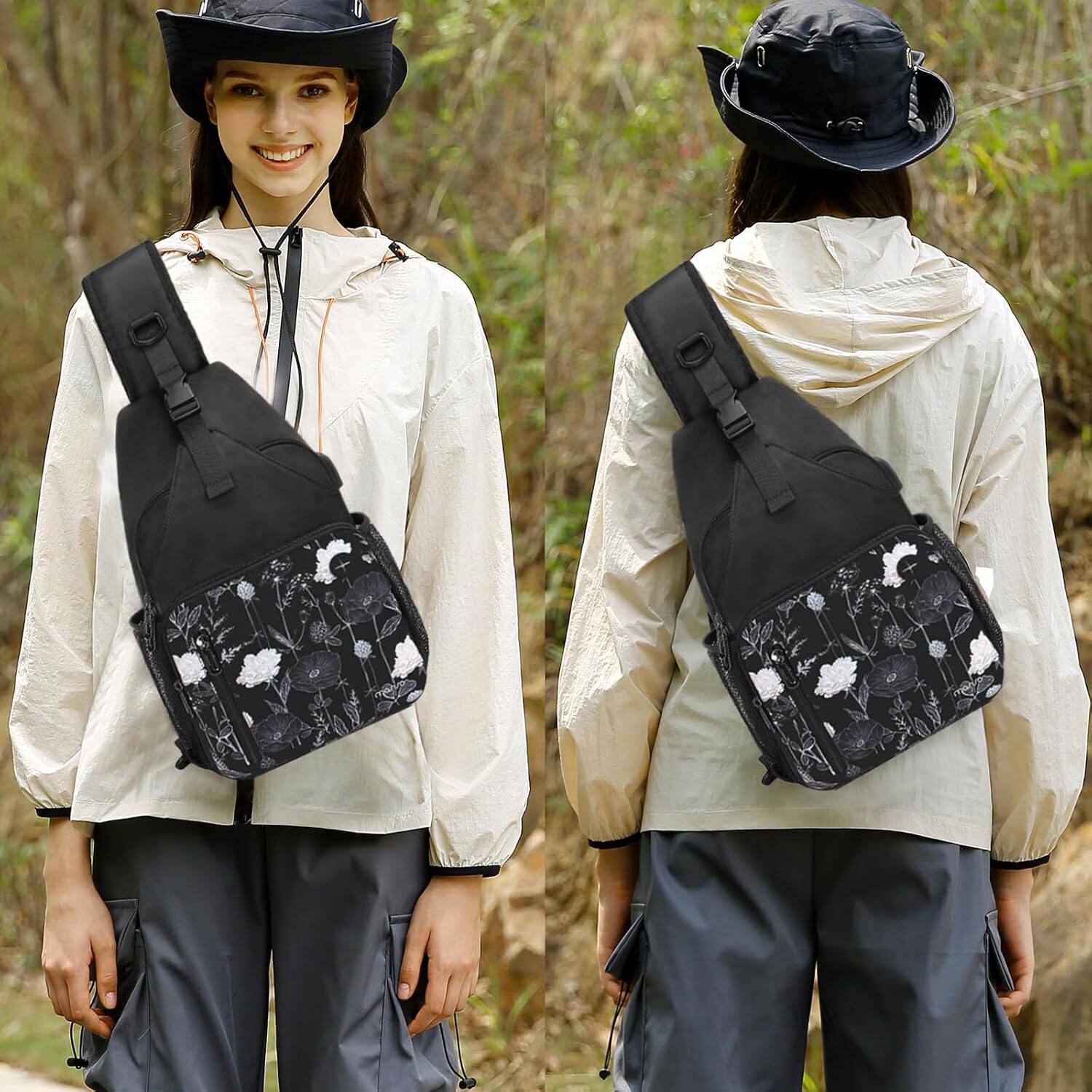 Alt View 4. mosiso - Sling Bag Crossbody Shoulder Bag Travel Hiking Daypack Chest Bag with Front Square Pocket&USB Charging Port - Retro Flower.