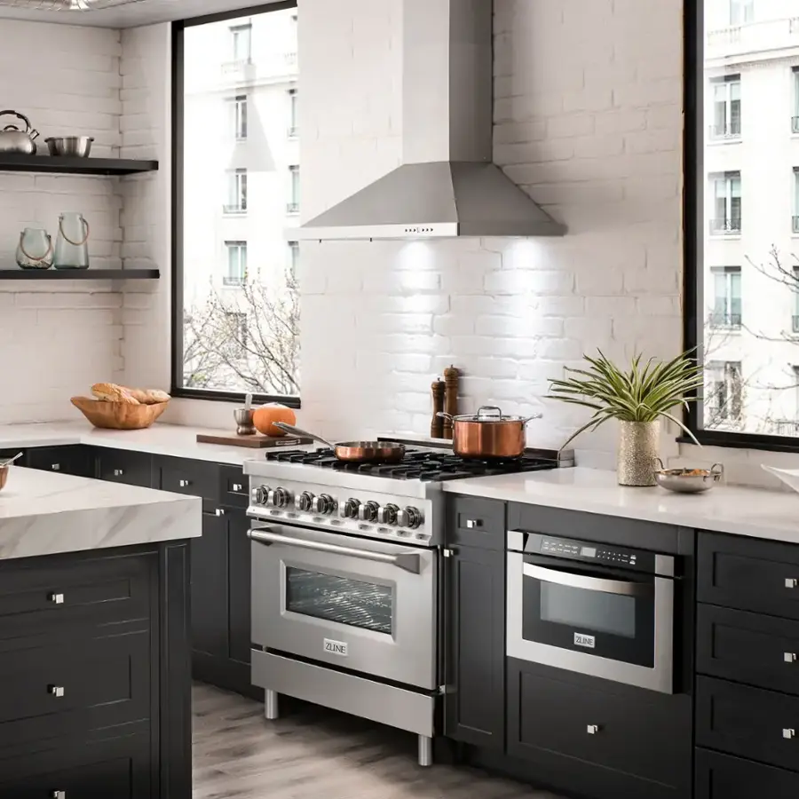 The text on the image reads "35=2 :::: ZLINE." This can be grouped as a description or a tagline for the kitchen appliances, such as the stove and oven, which are made by the ZLINE brand.