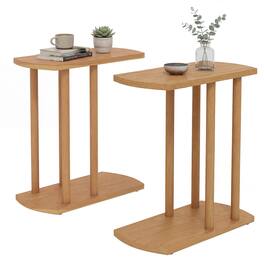 Costway - 2PCS C-shaped Teak Wood Side Table with Thickened Top, Sturdy Base for Small Spaces - Natural