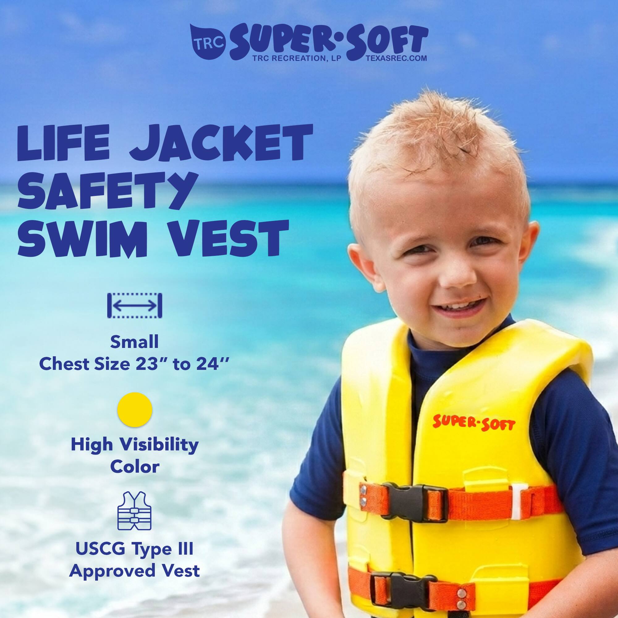 TRC SUPERSOFT TRC RECREATION, LP TEXASREC.COM LIFE JACKET SAFETY SWIM VEST  
Small Chest Size 23" to 24"  
High Visibility Color  
SUPER-SOFT USCG Type III Approved Vest