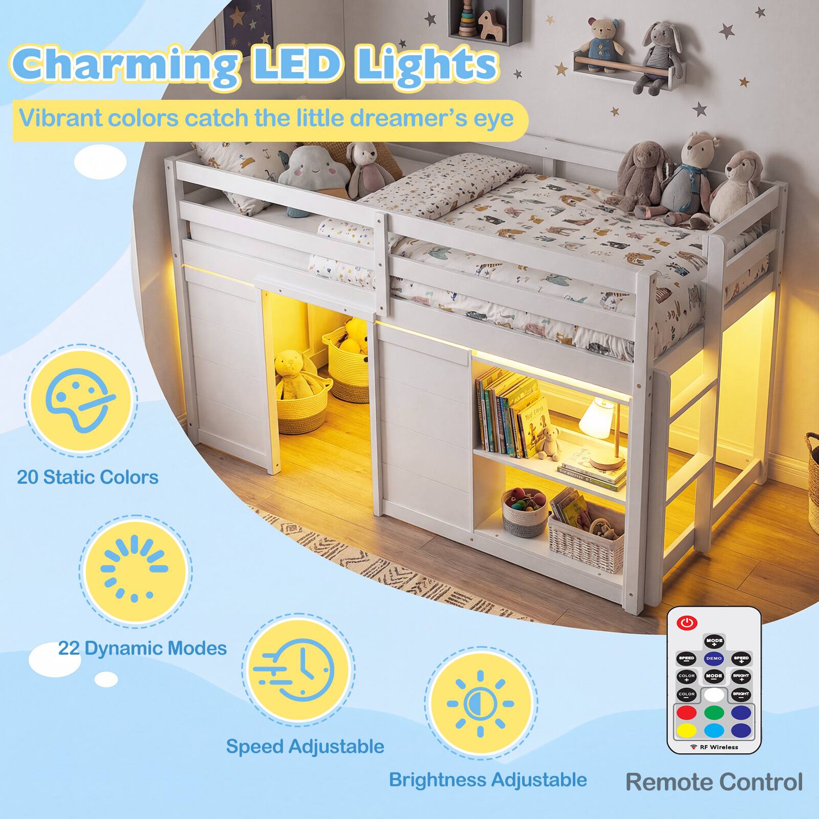 Charming LED Lights  
Vibrant colors catch the little dreamer's eye  

- 20 Static Colors  
- 22 Dynamic Modes  
- Speed Adjustable  
- Brightness Adjustable  
- Remote Control