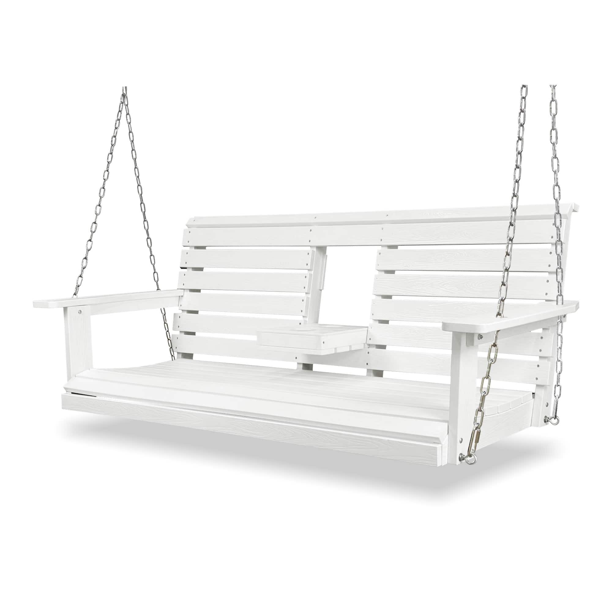 Front. Fortune Candy - HIPS Poly Lumber 3-Seat Porch Swing, 5ft Bench Swing with Foldable Cup Holders & 18/8 Steel Hardware - White.