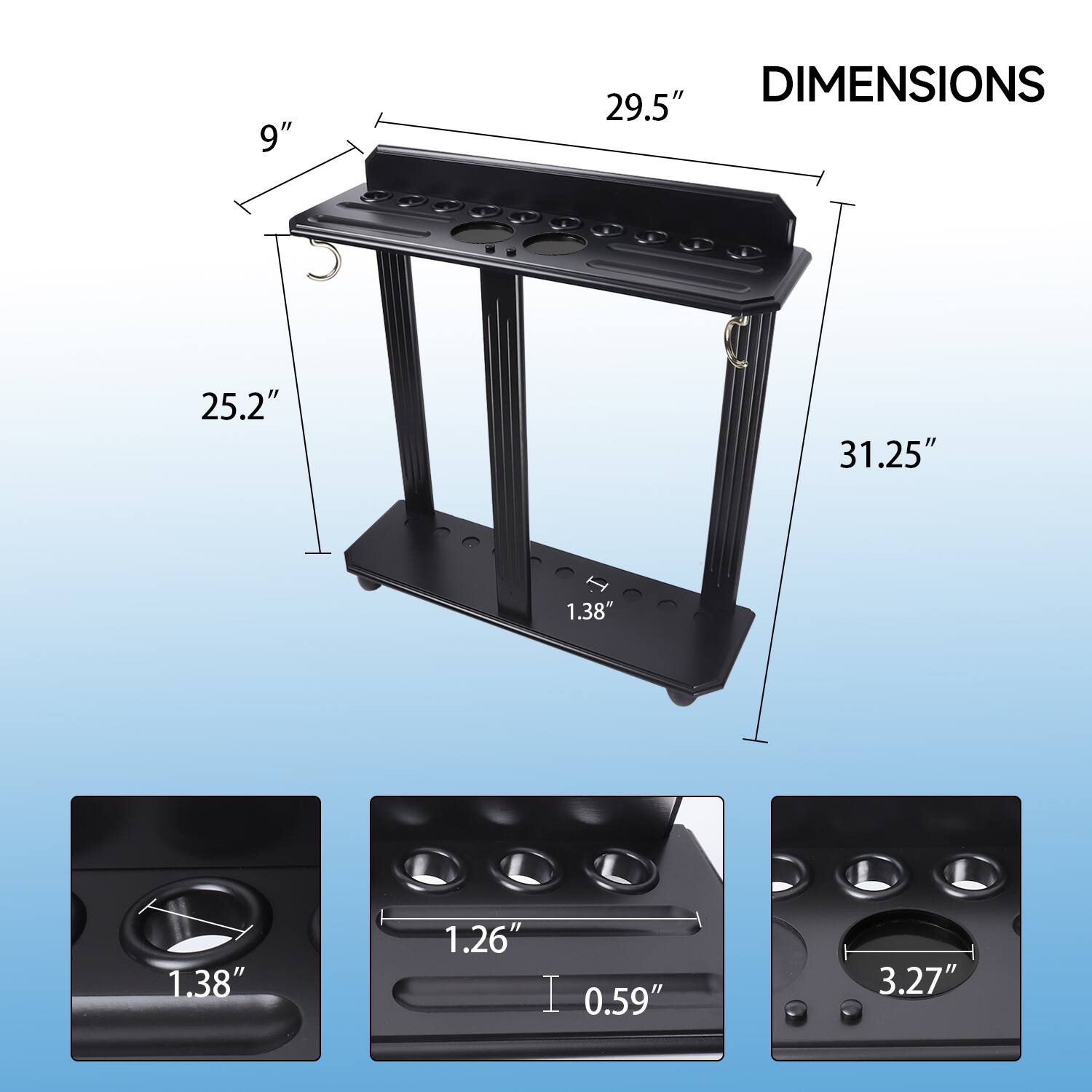 DIMENSIONS, 9", 29.5", 25.2", 31.25", 1.38", 1.38", 1.26", 0.59", 3.27"