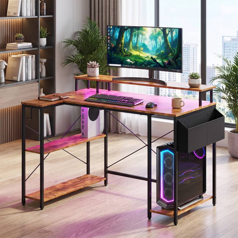 Left. WELLFOR - 48" Computer Desk with LED Lights and Power Outlets, L Shape Desk Gaming Desk with Open Shelf for Home Office - Rustic Brown.