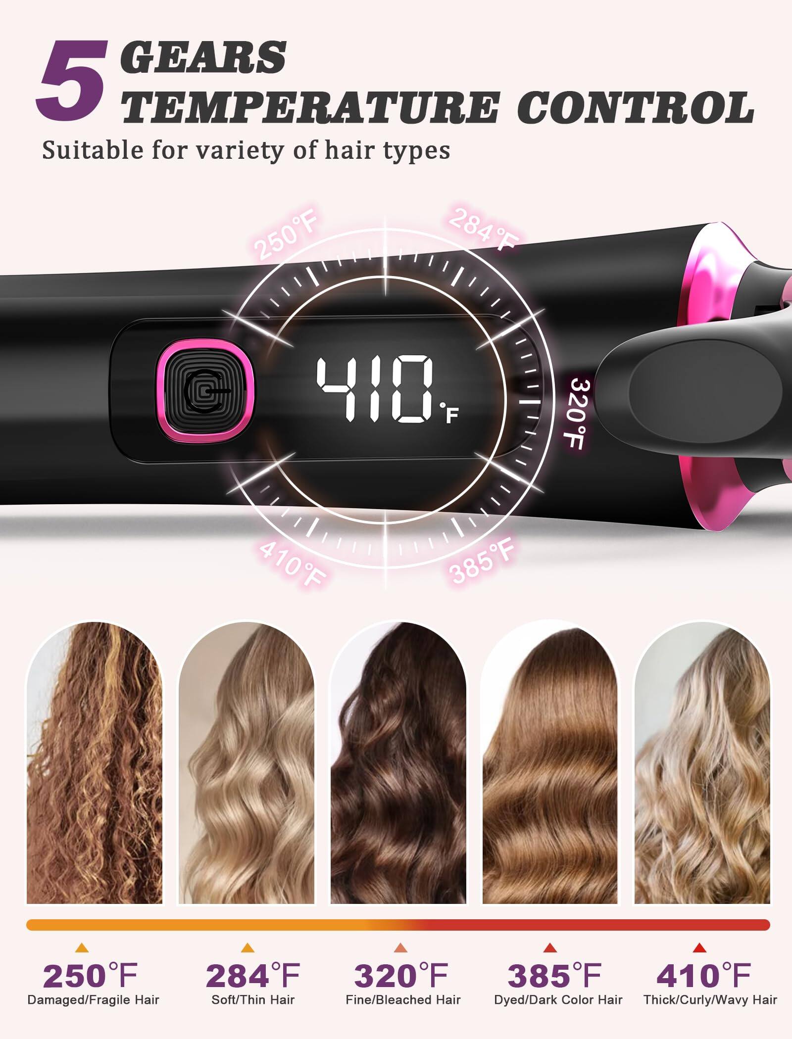 5 GEARS TEMPERATURE CONTROL  
Suitable for variety of hair types  

250°F  
Damaged/Fragile Hair  

284°F  
Soft/Thin Hair  

320°F  
Fine/Bleached Hair  

385°F  
Dyed/Dark Color Hair  

410°F  
Thick/Curly/Wavy Hair