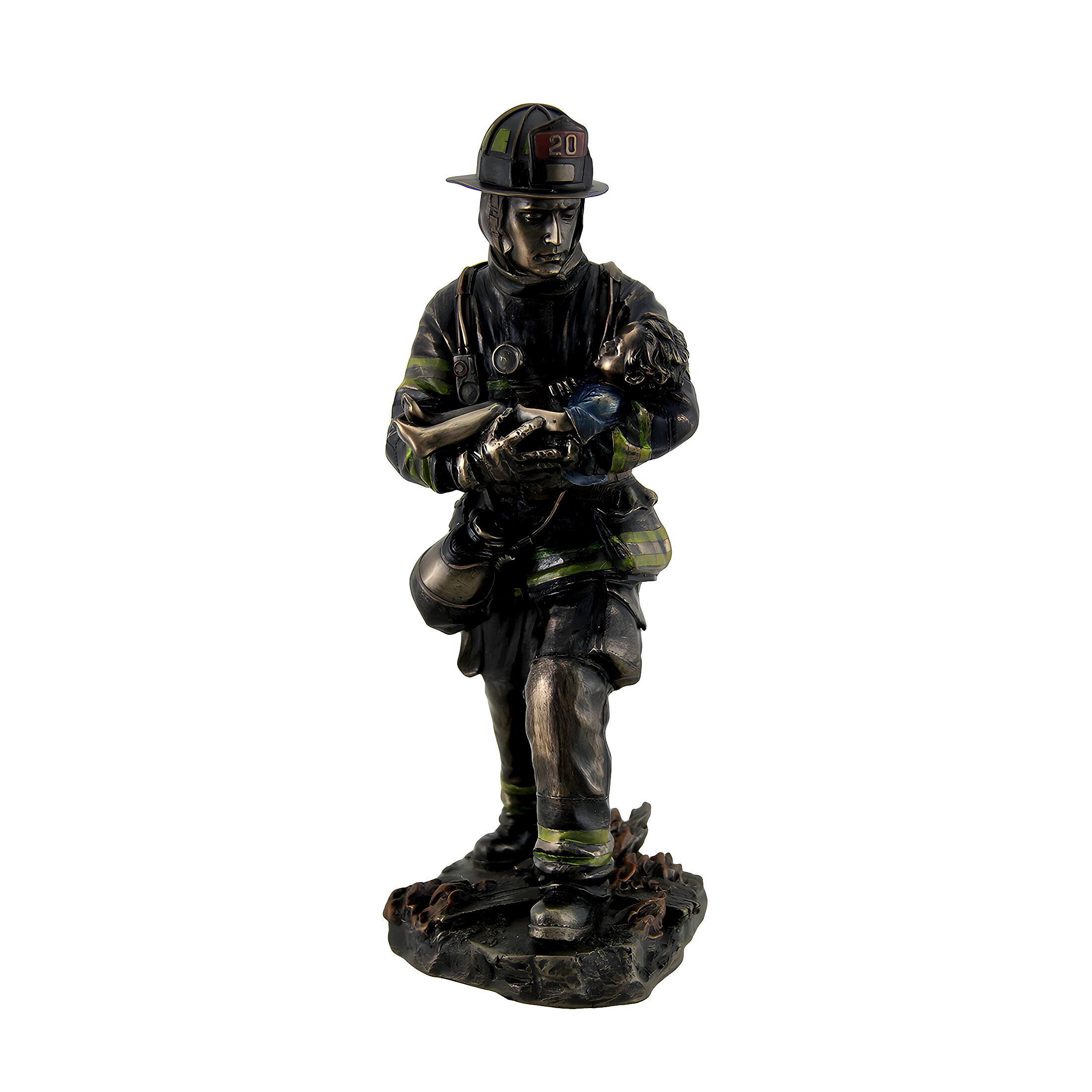 Alt View 1. Veronese Design - Firefighter Carrying Child Metallic Bronze Statue 11 Inches Tall - Bronze.