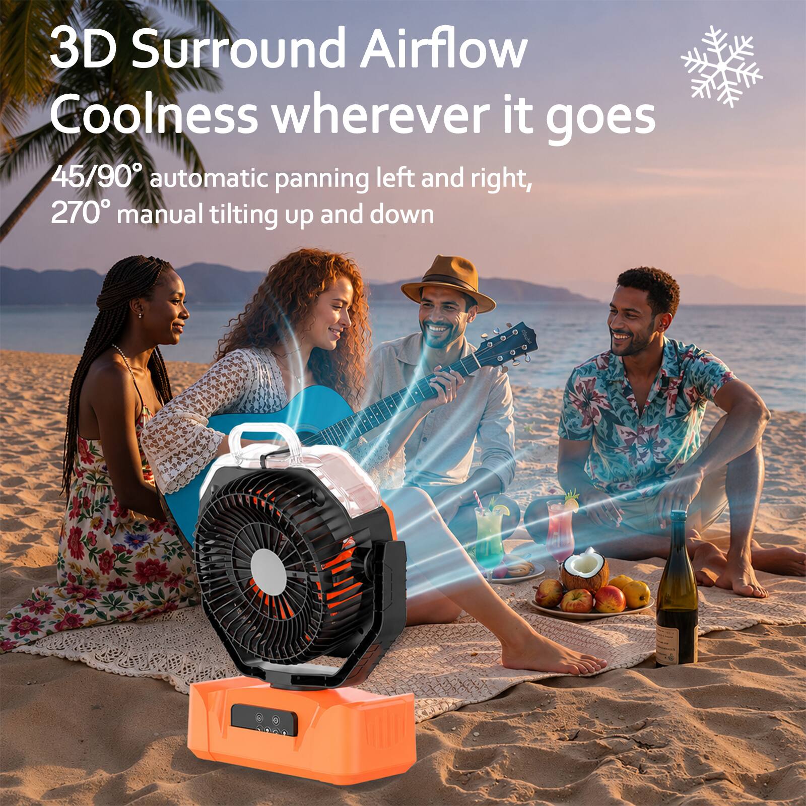 3D Surround Airflow Coolness wherever it goes  
45/90° automatic panning left and right,  
270° manual tilting up and down