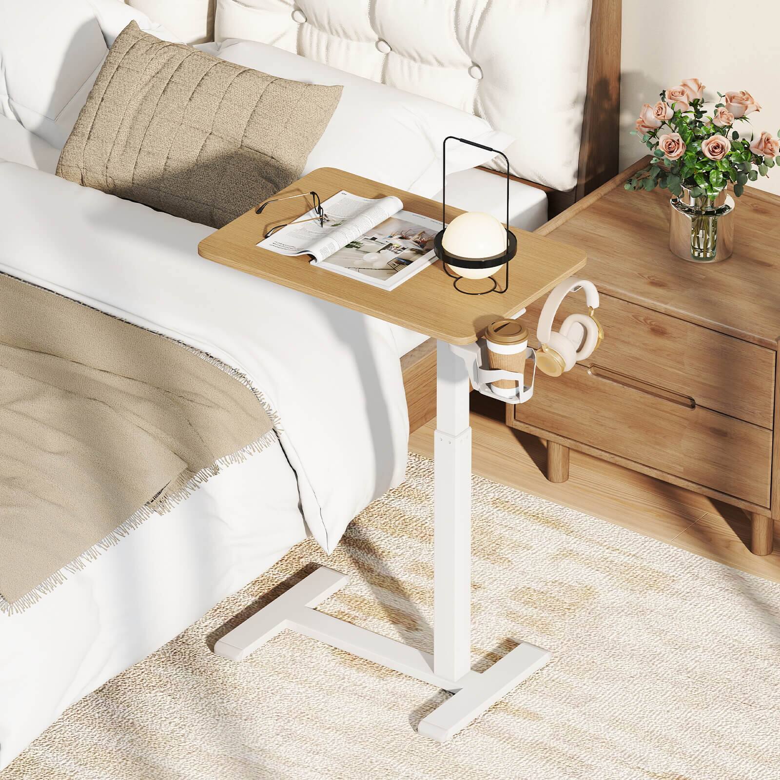 Alt View 1. Costway - Costway C Shaped Side Table Height Adjustable Overbed Bedside Table with Hook & Cup Holder - Natural.