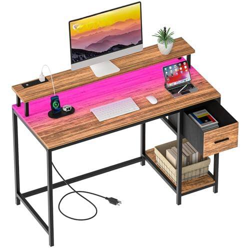 Front. Hirose Alice - Gaming Desk  With Led Lights And Monitor Stand  Computer Drawer For Small Spaces Office Power Outlets Shelf Wa - Walnut-47 inch.