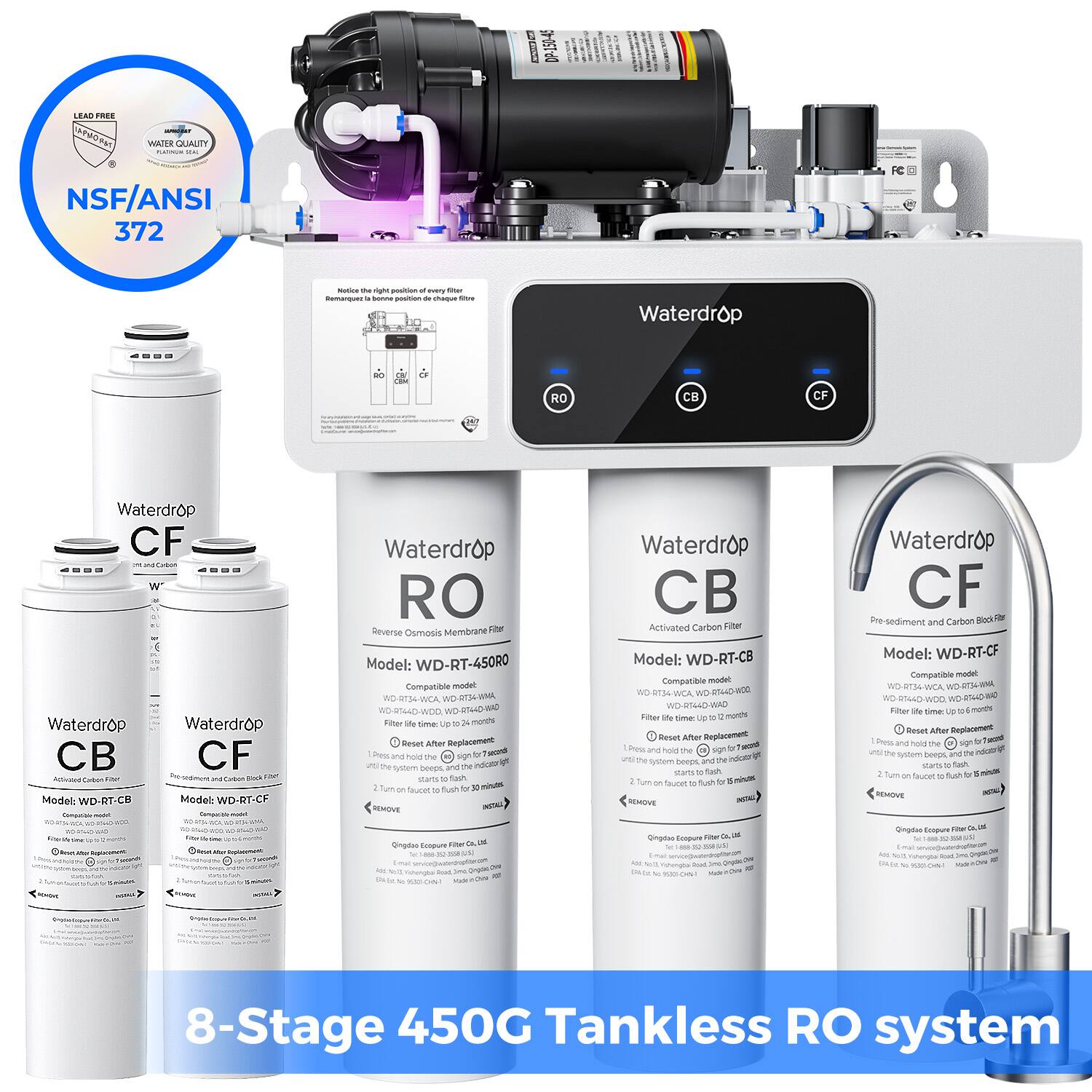 Waterdrop - WD-T3-C Reverse Osmosis Water Filter, NSF/ANSI 372 Certified, 8-Stage Under Sink RO Water Filter - White