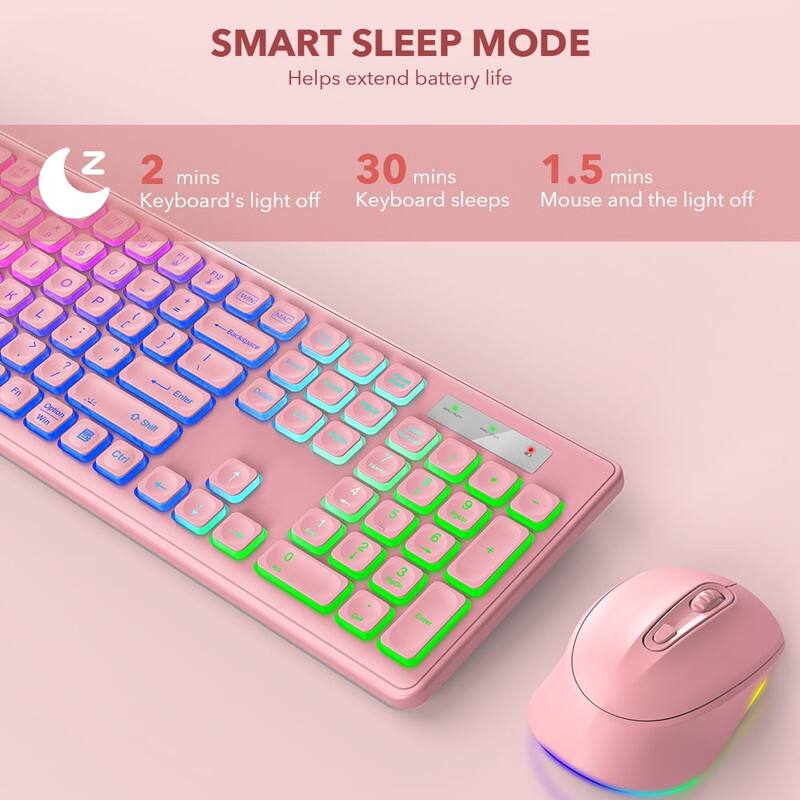 SMART SLEEP MODE  
Helps extend battery life

- 2 mins  
  Keyboard's light off

- 30 mins  
  Keyboard sleeps

- 1.5 mins  
  Mouse and the light off