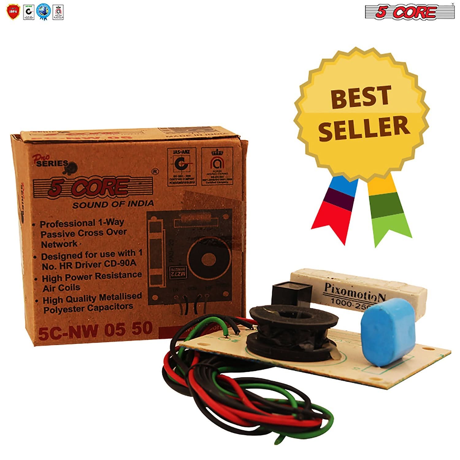 The text on the image can be grouped and corrected as follows:

**Product Information:**
- **Brand:** 5 Core Sound of India
- **Product:** Professional 1-Way Passive Cross Over Network
- **Model:** 5C-NW 05 50
- **Designed for use with:** 1 No. HR Driver CD-90A
- **Features:**
  - High Power Resistance Air Coils
  - High Quality Metallised Polyester Capacitors

**Additional Details:**
- **Best Seller**
- **Pixomotion 1000-25**

This information is derived from the text on the box and the image.