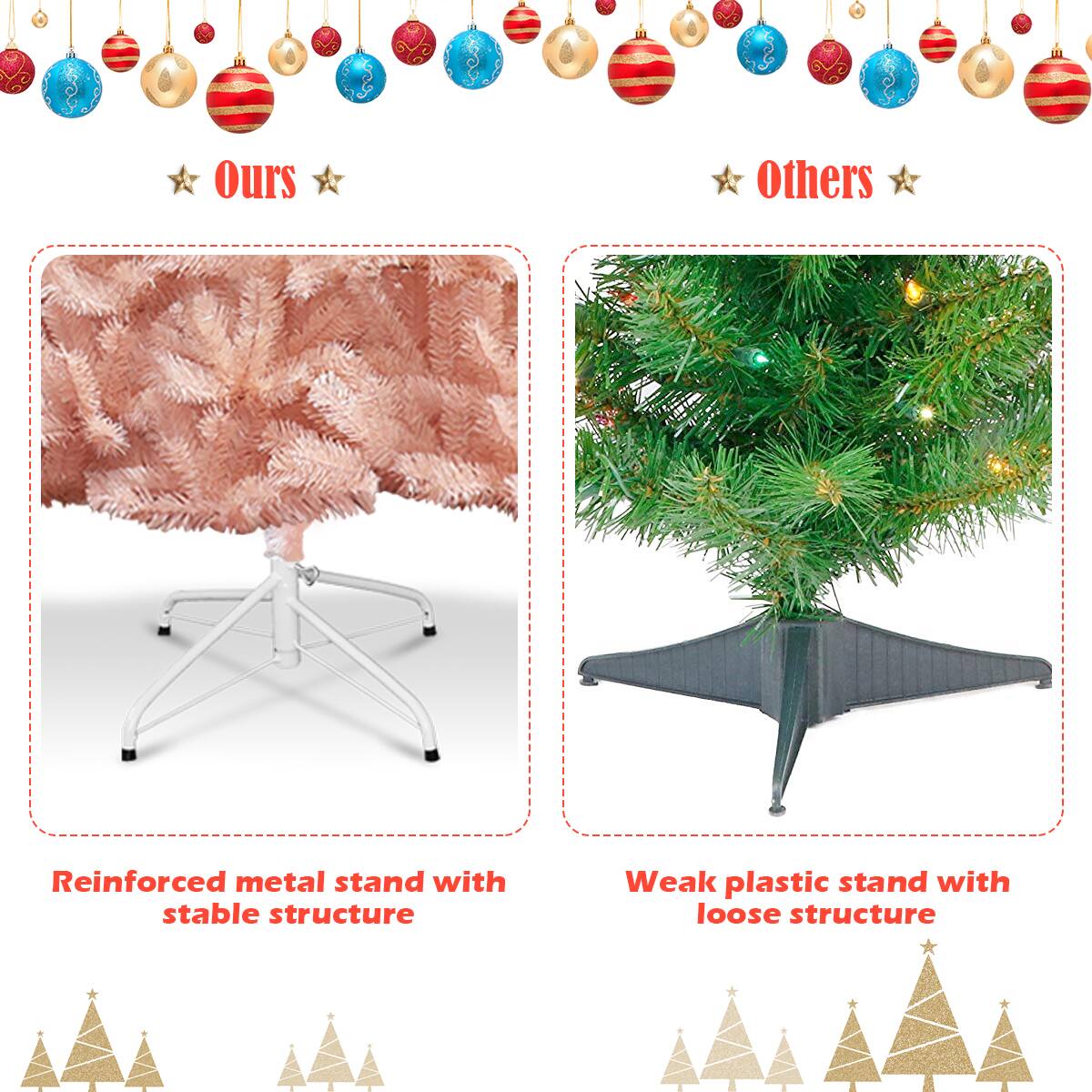 **Ours**

- Reinforced metal stand with stable structure

**Others**

- Weak plastic stand with loose structure