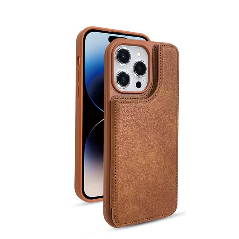 Left. Gravity Ridge - for iPhone 14 Pro Wallet Case with Card Holder, PU Leather Kickstand Card Slots Drop Protective Shockproof Phone Cover - Brown.