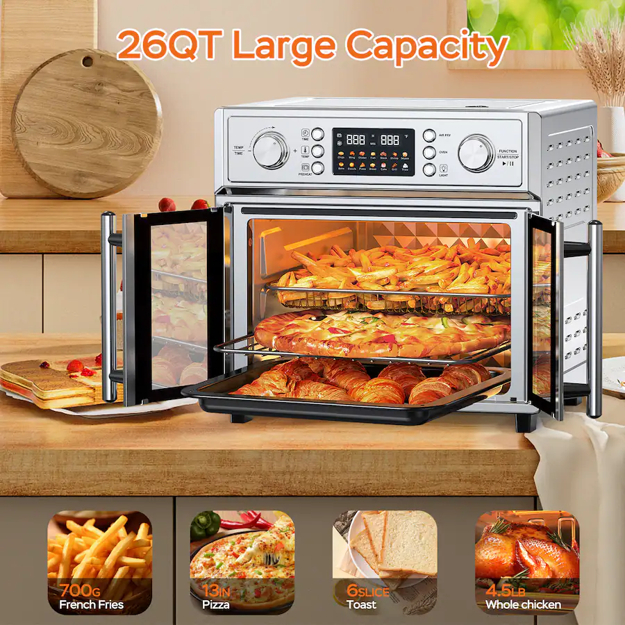 Aukfa 26QT French Door Air Fryer Toaster Oven 1700W, Preset