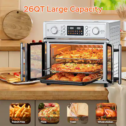 26QT Large Capacity
- 700G French Fries
- 13IN Pizza
- 6SLICE Toast
- 4.5LB Whole Chicken