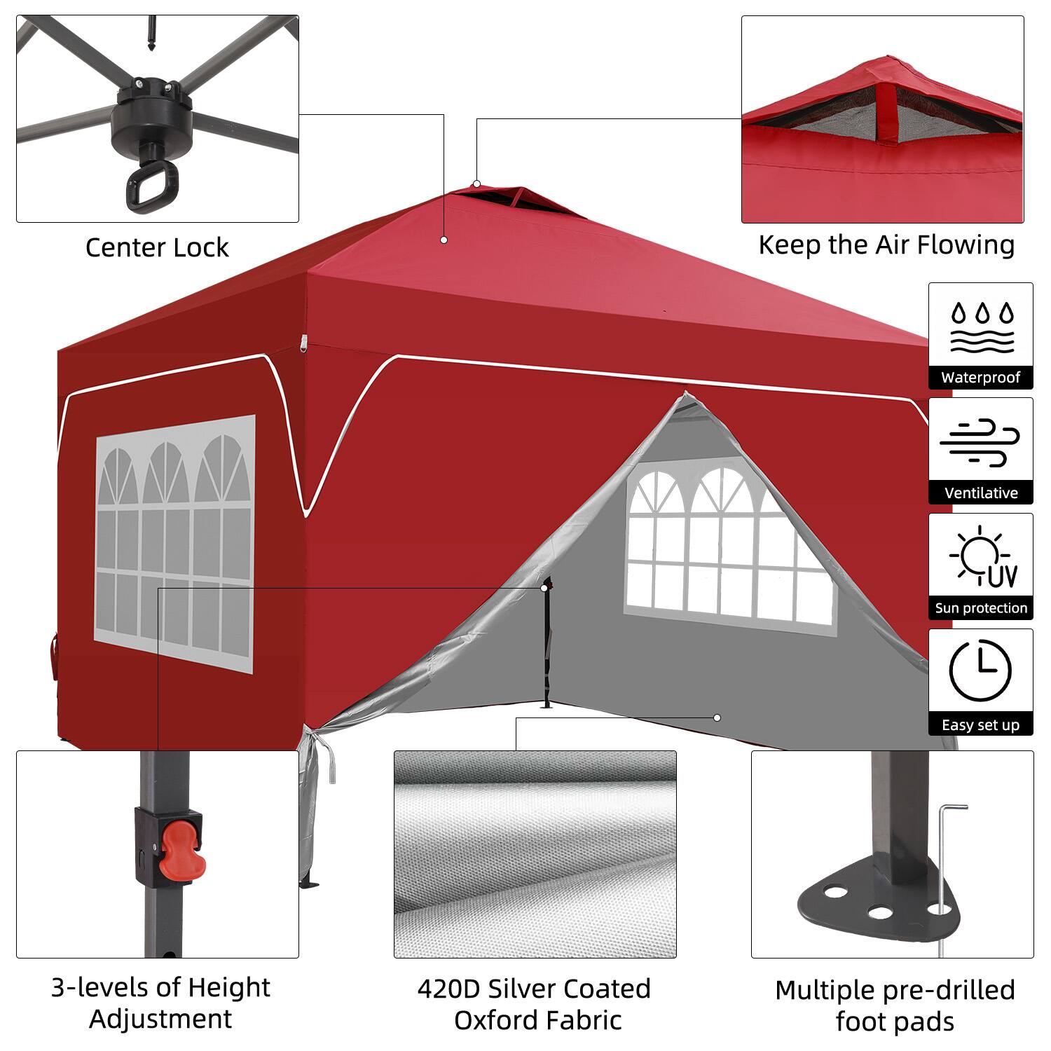 - Center Lock
- Keep the Air Flowing
- Waterproof
- Ventilative
- UV Sun protection
- Easy set up
- 3-levels of Height Adjustment
- 420D Silver Coated Oxford Fabric
- Multiple pre-drilled foot pads