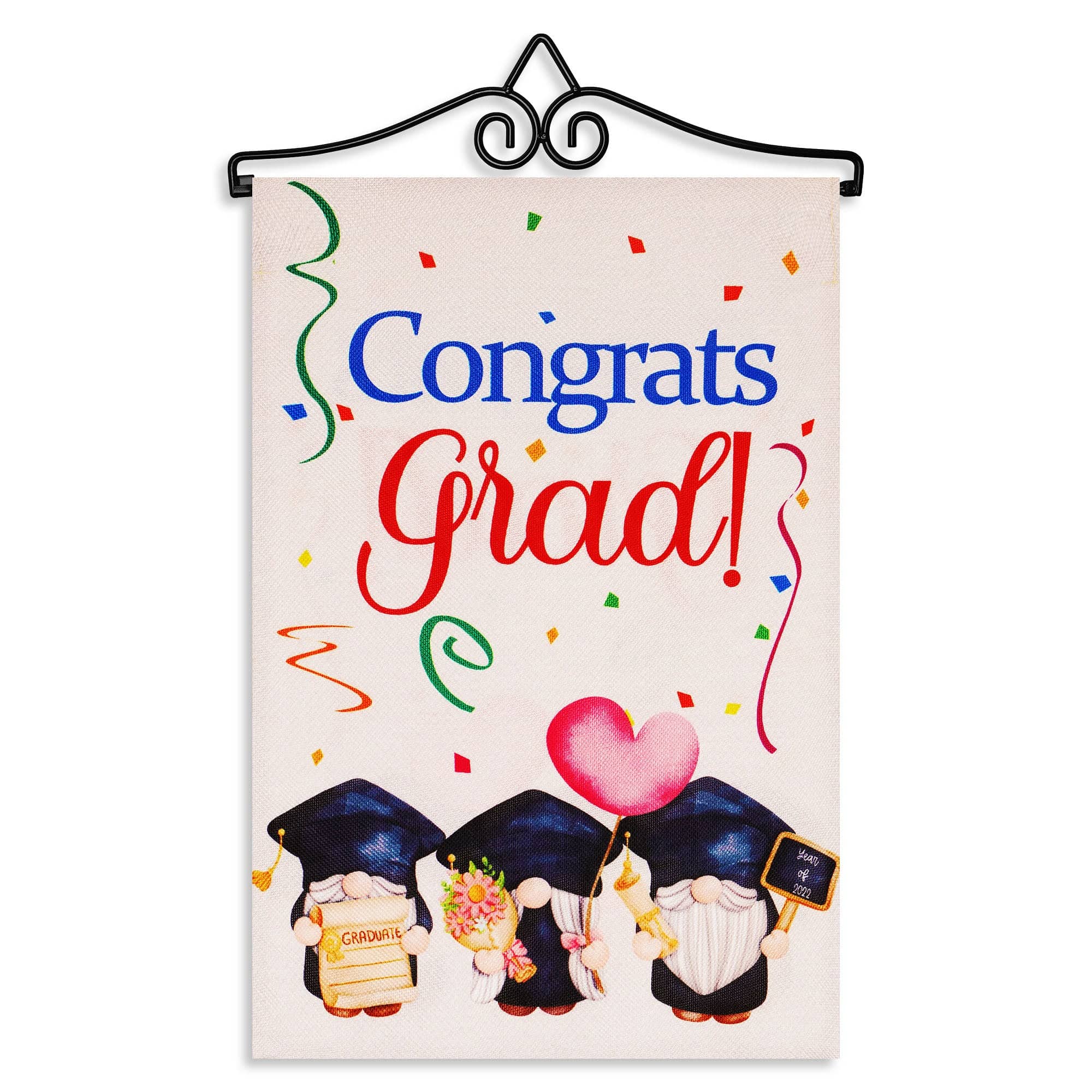 Photos - Other Decoration GRAD Tools G128 - Combo Pack Garden Flag Hanger 14 in with 12 x 18 in Double-Sided Burlap-Style Flag, Congrats Grad Gnomes Design - Mul 