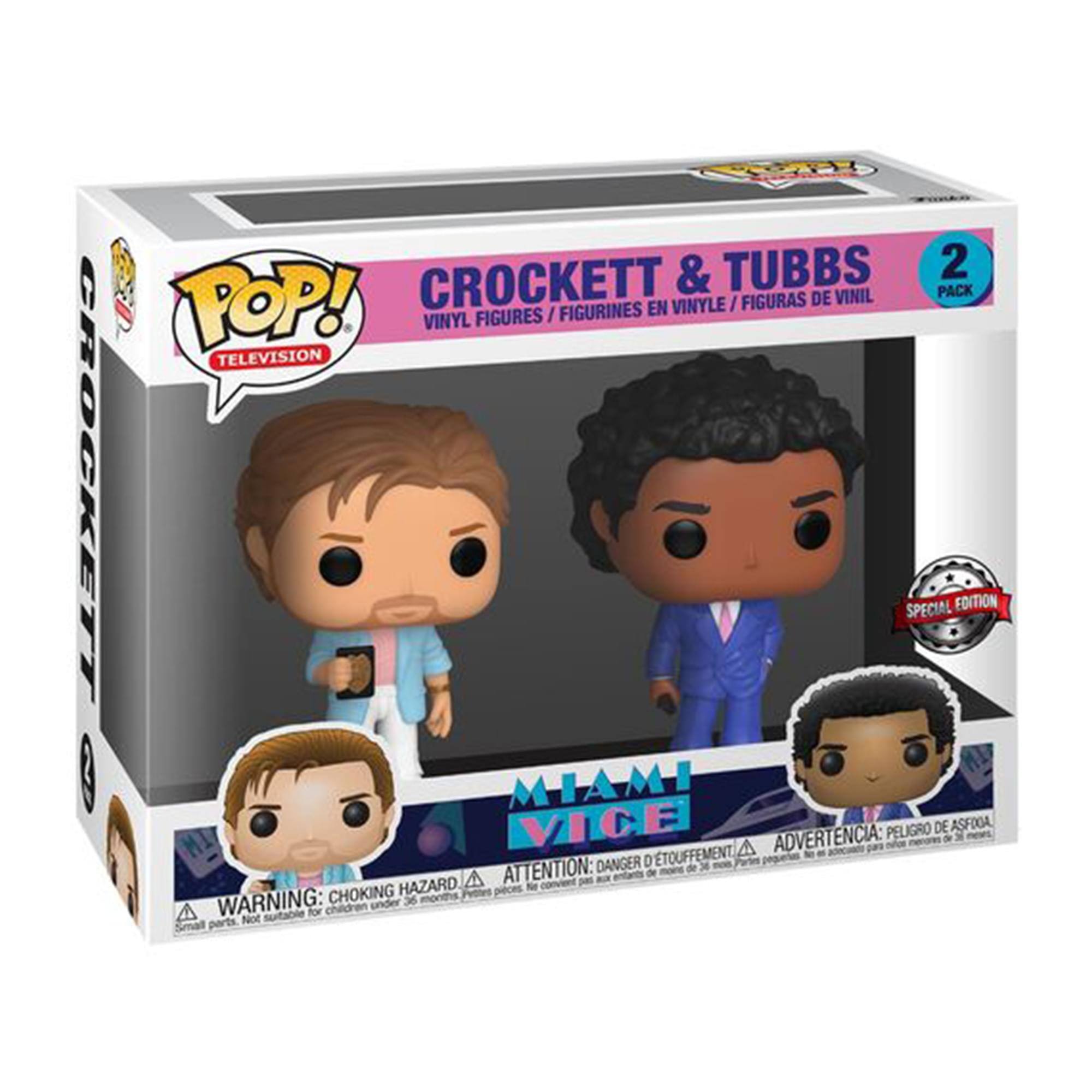 CROCKETT & TUBBS  
2 PACK  
VINYL FIGURES / FIGURINES EN VINYLE / FIGURAS DE VINIL  
TELEVISION SPECIAL EDITION  
MIAMI VICE  

WARNING: CHOKING HAZARD - Small parts. Not suitable for children under 3 years.  
ADVERTENCIA: PELOJO DE ASFOGA - Pequeñas piezas. No es adecuado para niños menores de 3 años.  
ATTENTION: DANGER D'ÉTOUFFEMENT - Petits objets. Ne convient pas aux enfants de moins de 3 ans.