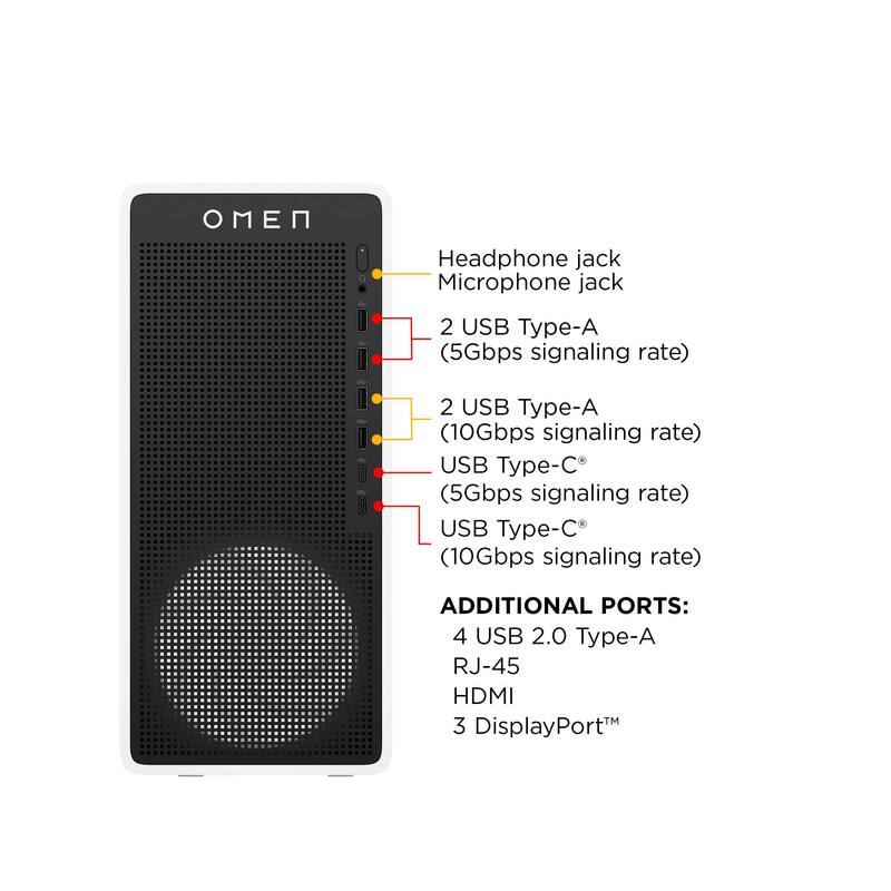 Headphone jack  
Microphone jack  
2 USB Type-A (5Gbps signaling rate)  
2 USB Type-A (10Gbps signaling rate)  
USB Type-C (5Gbps signaling rate)  
USB Type-C (10Gbps signaling rate)  

ADDITIONAL PORTS:  
4 USB 2.0 Type-A  
RJ-45  
HDMI  
3 DisplayPort™
