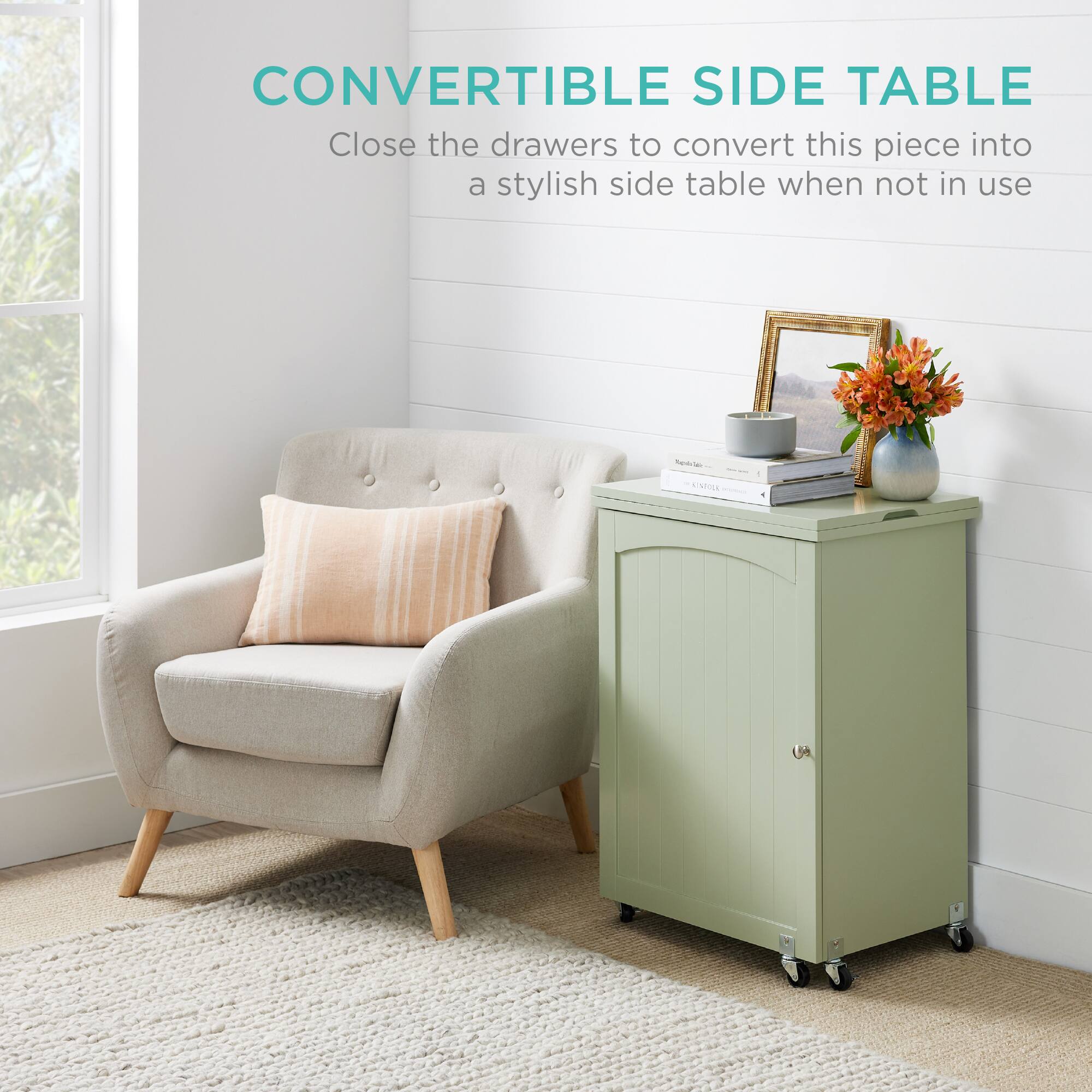 CONVERTIBLE SIDE TABLE  
Close the drawers to convert this piece into a stylish side table when not in use