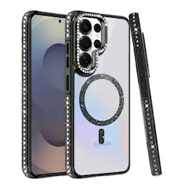 Kitcheniva - Diamond Bling Border Magnetic Circle Phone Case With Tempered Glass For Samsung Galaxy S25 Ultra - Black