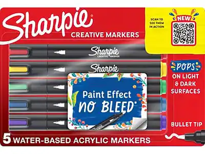 Sharpie Creative Markers
- Scan to see them in action
- New
- Pops on light & dark surfaces
- Paint Effect no bleed
- Bullet tip
- 5 water-based acrylic markers