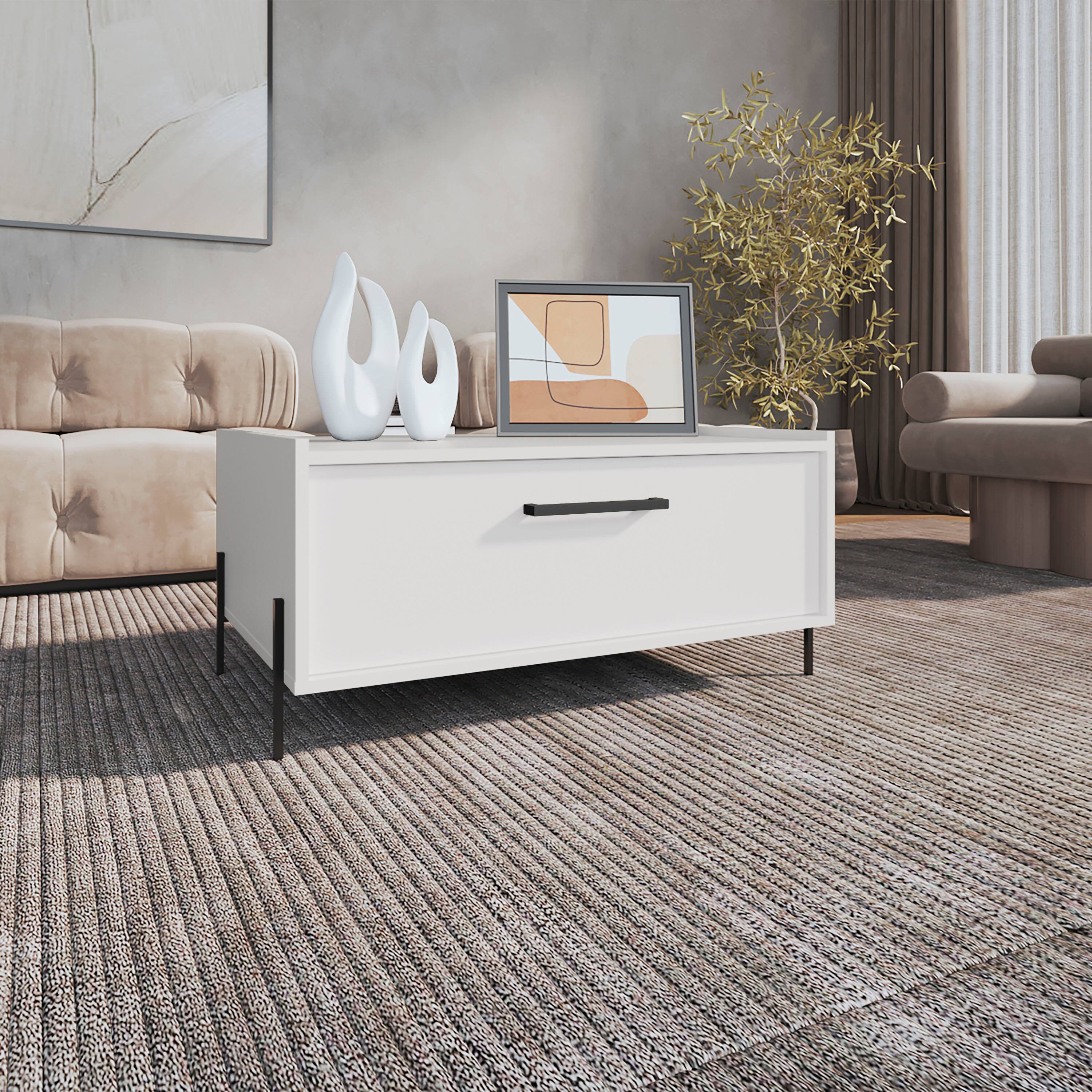 Angle. TuHome - Shan 15"High Minimalistic Coffe Table With Pull Down Cabinet And Open Shelf - White.