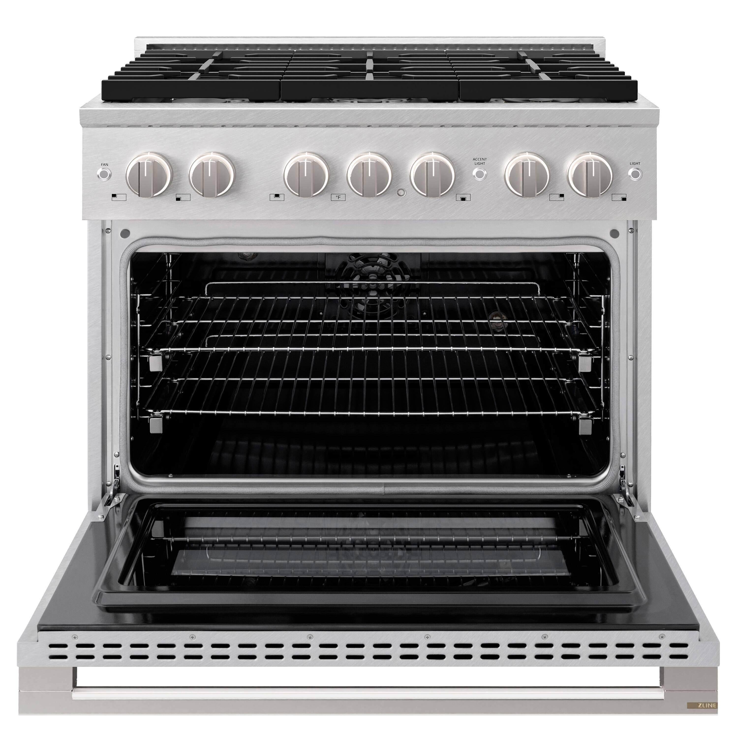 Angle. ZLINE - 36 in. 5.2 cu. ft. Marino Dual Fuel Freestanding Range with 6 Gas Burners and Convection Oven in Satin Stainless Steel - Satin Stainless Steel.