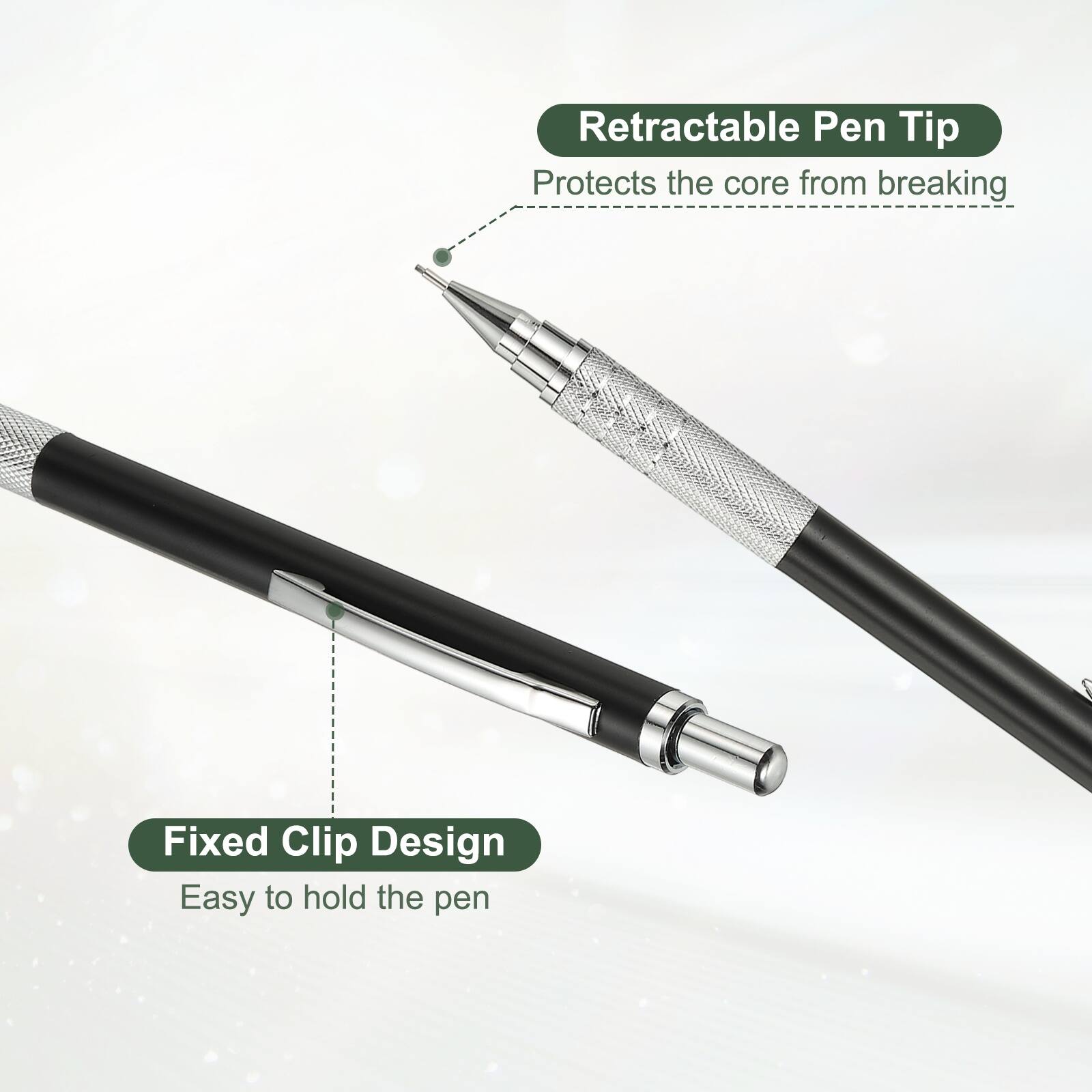 Retractable Pen Tip  
Protects the core from breaking  

Fixed Clip Design  
Easy to hold the pen