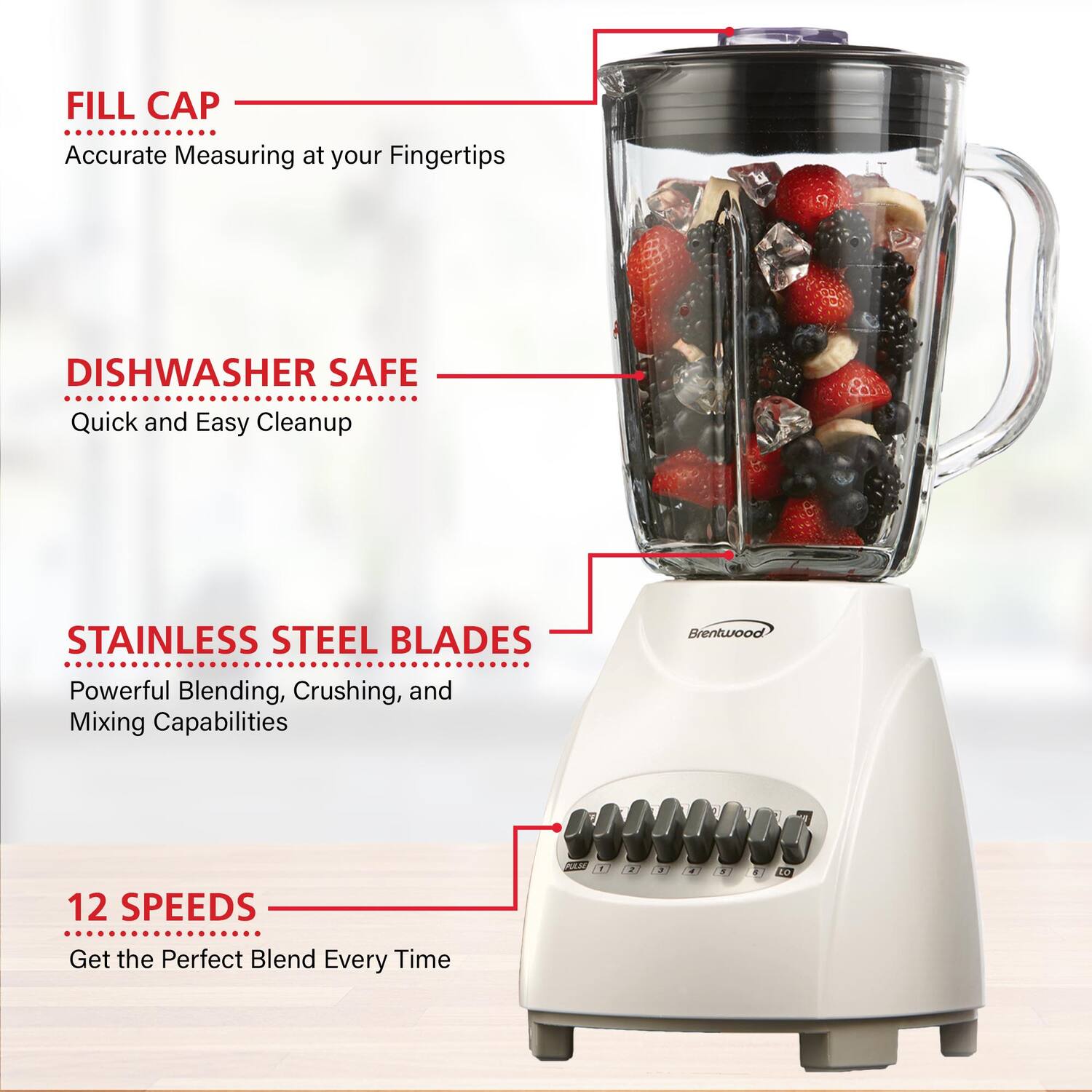 FILL CAP  
Accurate Measuring at your Fingertips  

DISHWASHER SAFE  
Quick and Easy Cleanup  

STAINLESS STEEL BLADES  
Powerful Blending, Crushing, and Mixing Capabilities  

12 SPEEDS  
Get the Perfect Blend Every Time