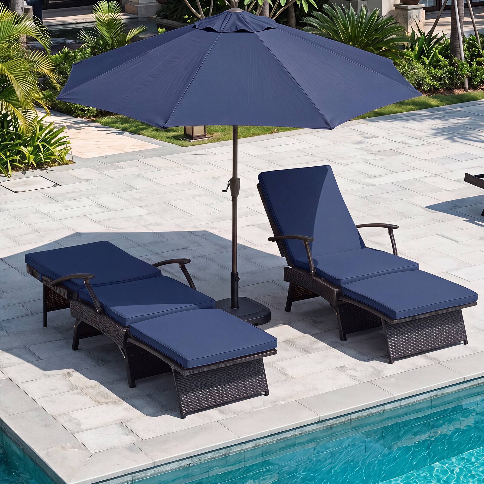 Alt View 3. Costway - Costway 2 PCS Folding Wicker Chaise Lounge with Slide-Out Ottoman, Sun-Proof PE Rattan - Mix Brown+Navy Blue.
