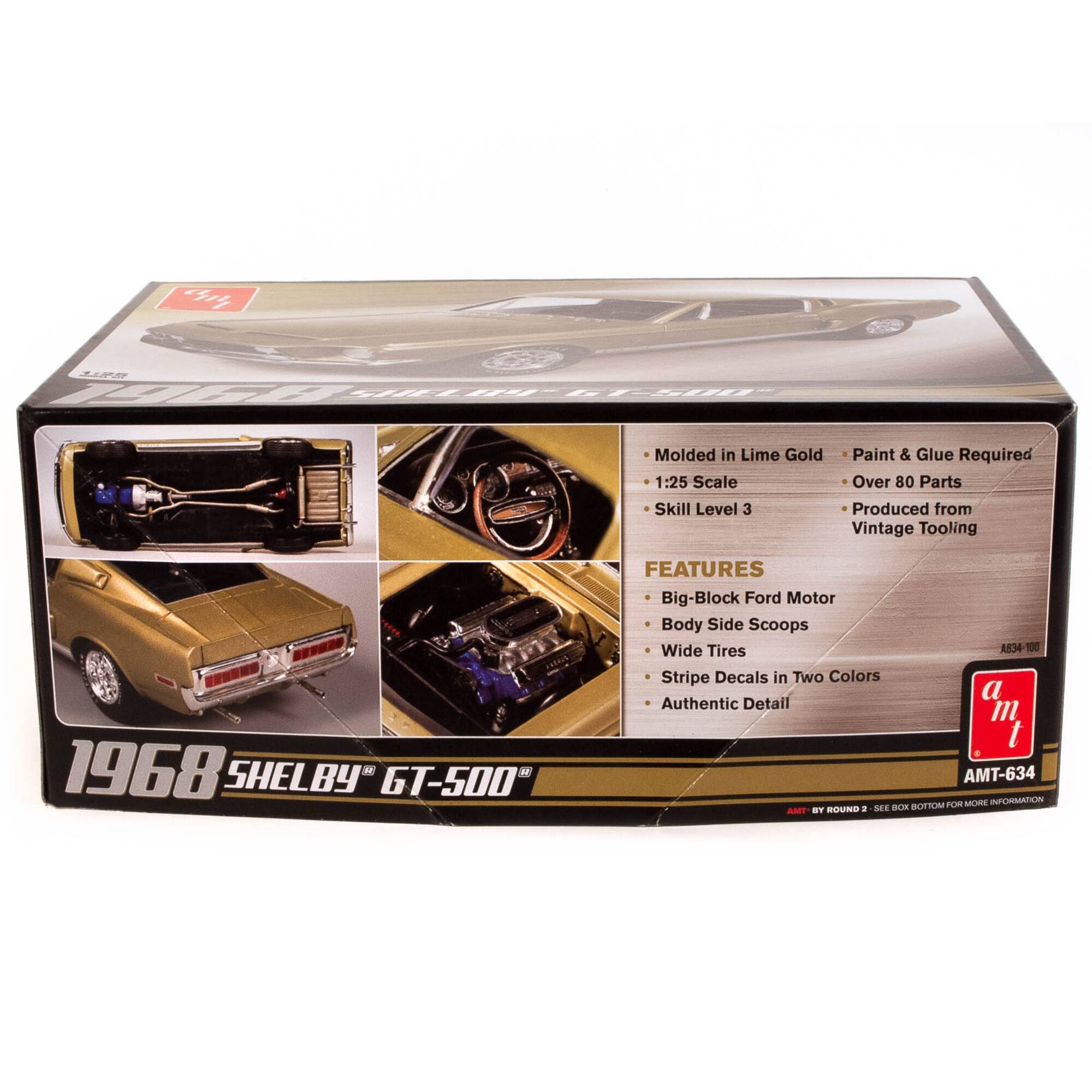 The text on the image is grouped and corrected as follows:

"1968 Shelby GT-500" Molded in Lime Gold Paint & Glue Required 1:25 Scale - Over 80 Parts Skill Level 3 Produced from Vintage Tooling Features Big-Block Ford Motor Body Side Scoops Wide Tires 834 Stripe Decals in Two Colors Authentic Detail m t AMT-634 BETUAM ca ML INFORMATION AE a. Rund a See -"