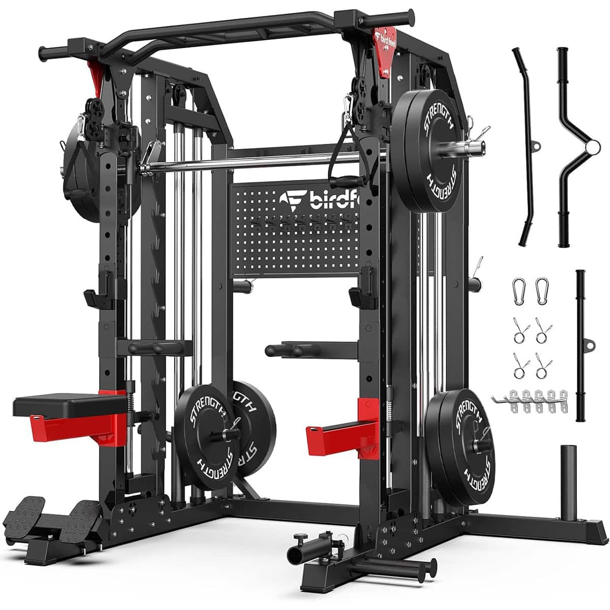Pooboo - Power Cage Smith Machine with Cable Crossover, Lat Pulldown & 230lb Weight Set - Black