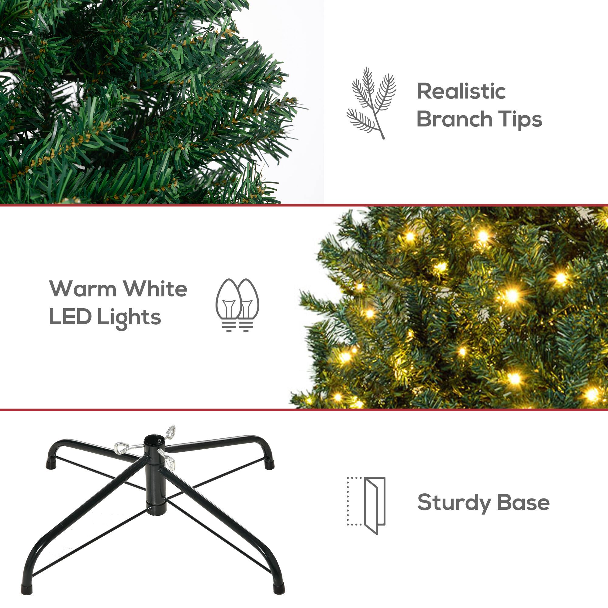 - Realistic Branch Tips
- Warm White LED Lights
- Sturdy Base
