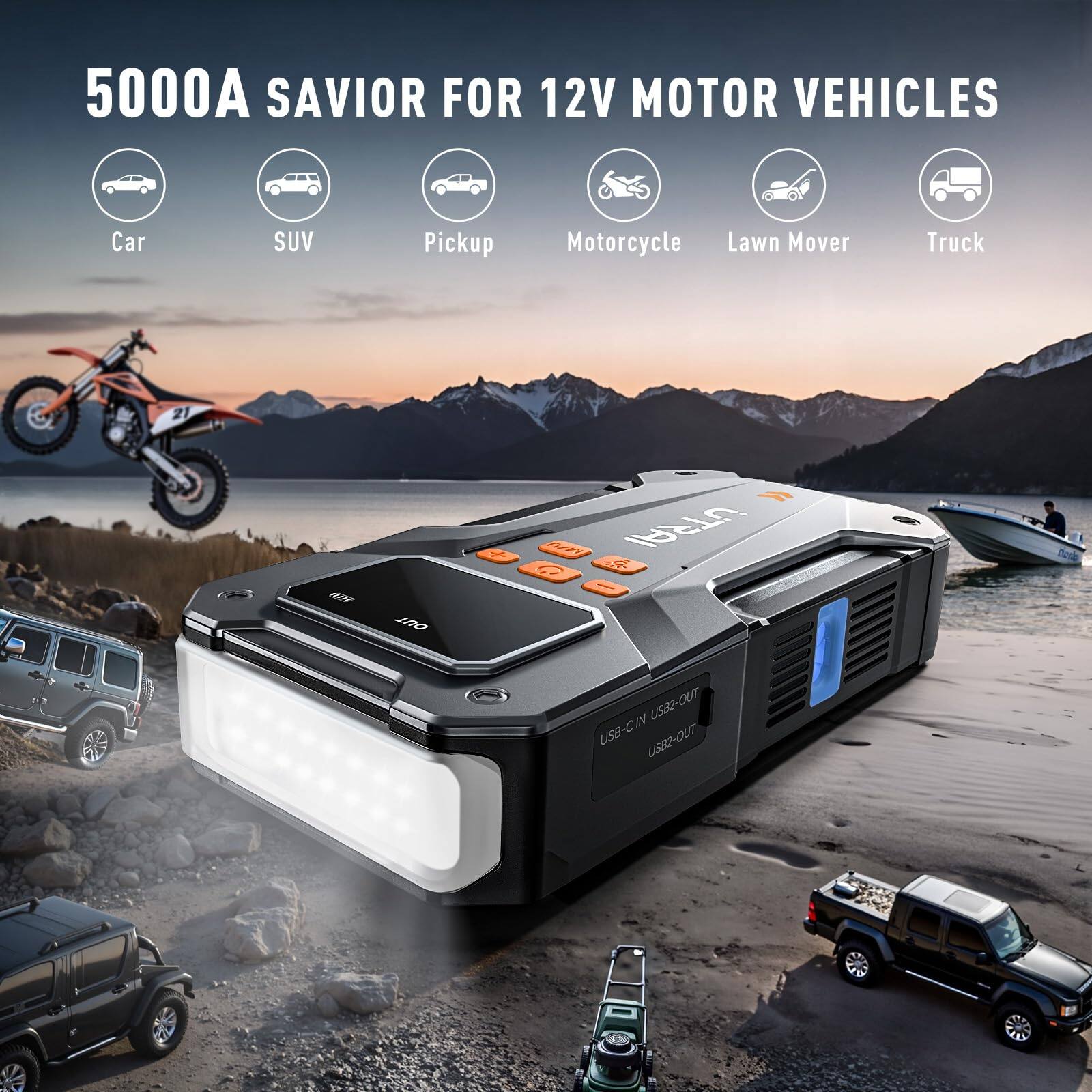 5000A SAVIOR FOR 12V MOTOR VEHICLES

- Car
- SUV
- Pickup
- Motorcycle
- Lawn Mover
- Truck

USB-C IN USB2-OUT USB2-OUT