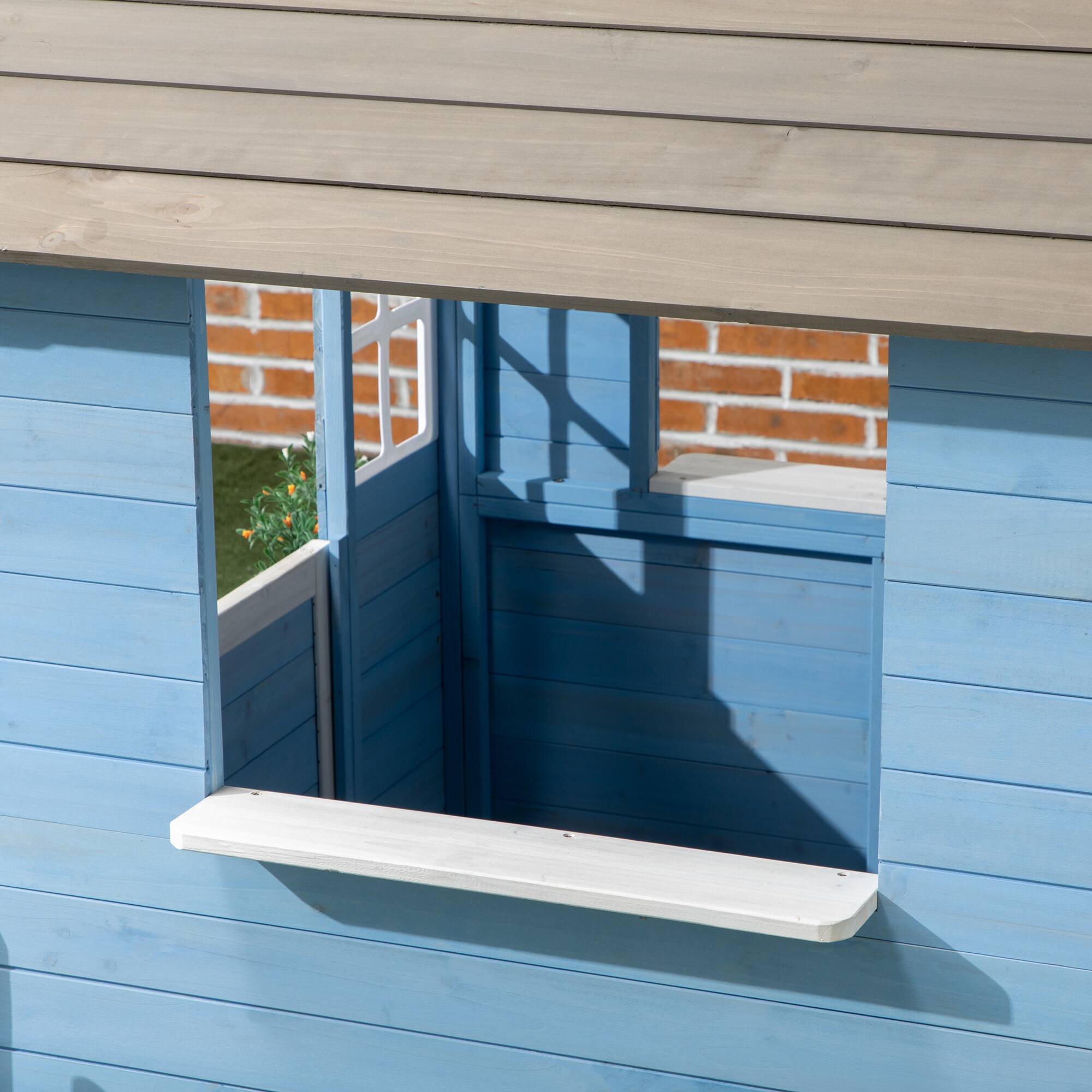 Alt View 5. Outsunny - Playhouse for Kids Outdoor, Country Style Wooden, Flower Pot Holders, Working Door, Windows, 3-7 Years.
