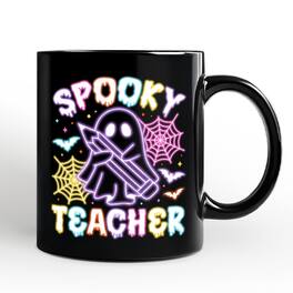 OrnamentallyYou - Spooky Teacher Neon Ghost Mug, Retro Halloween Gift for Educators - Black