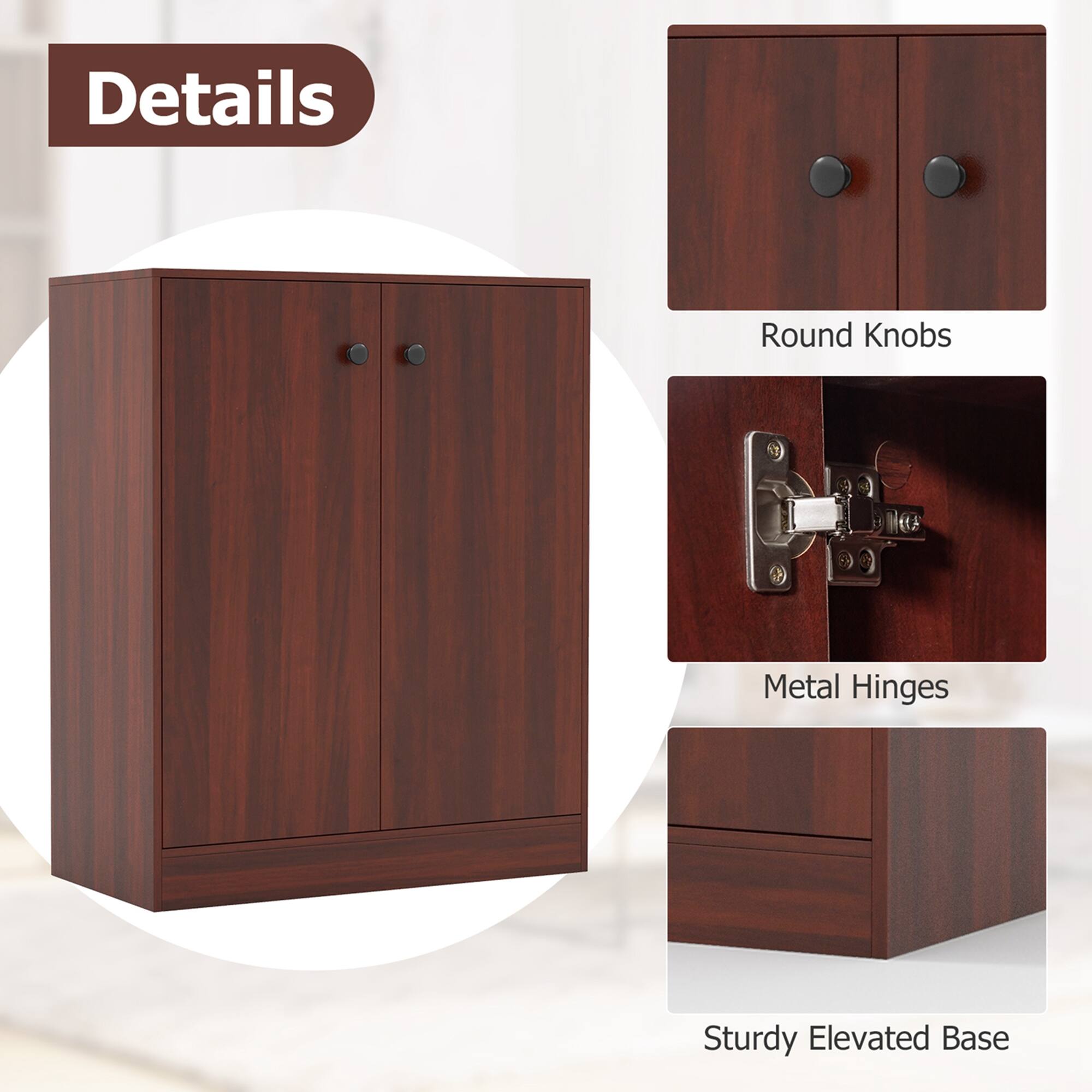 Details

- Round Knobs
- Metal Hinges
- Sturdy Elevated Base