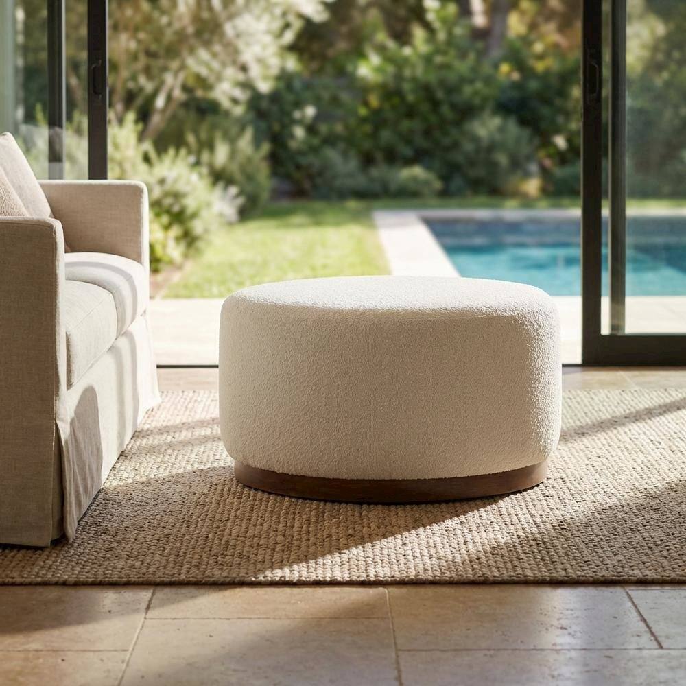 Left. Outdoor Escape - Dark beige boucle upholstered outdoor ottoman, versatile design, compact size - Brown.