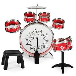 Best Choice Products - 11-Piece Kids Starter Drum Set w/ Bass Drum, Tom Drums, Snare, Cymbal, Stool, Drumsticks - Red