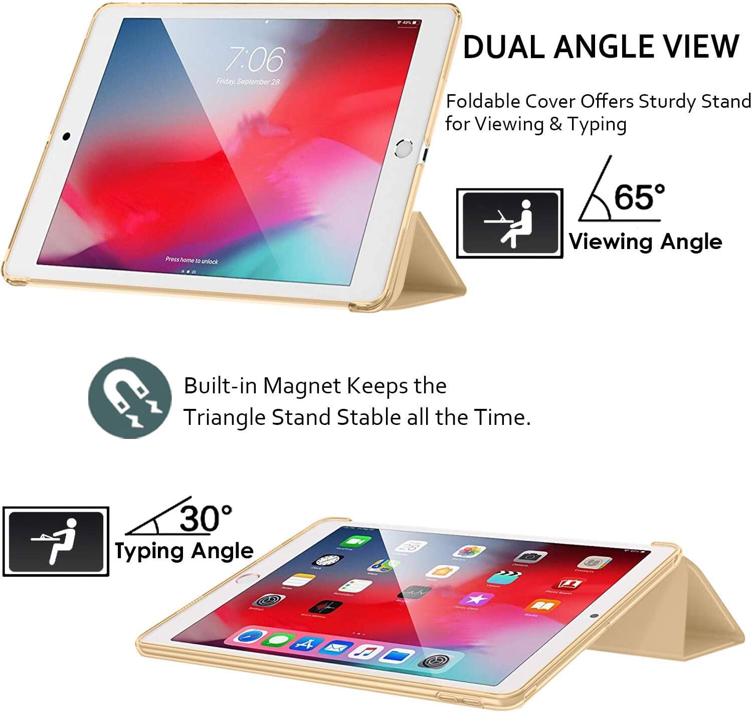 7:06 Friday, September 28

DUAL ANGLE VIEW
Foldable Cover Offers Sturdy Stand for Viewing & Typing

Press home to unlock

65° Viewing Angle

Built-in Magnet Keeps the Triangle Stand Stable all the Time.

30° Typing Angle