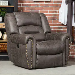 Bestier - Oversized Brown Vegan Leather Manual Power Recliner with Nailhead Trim and USB Port - Gray