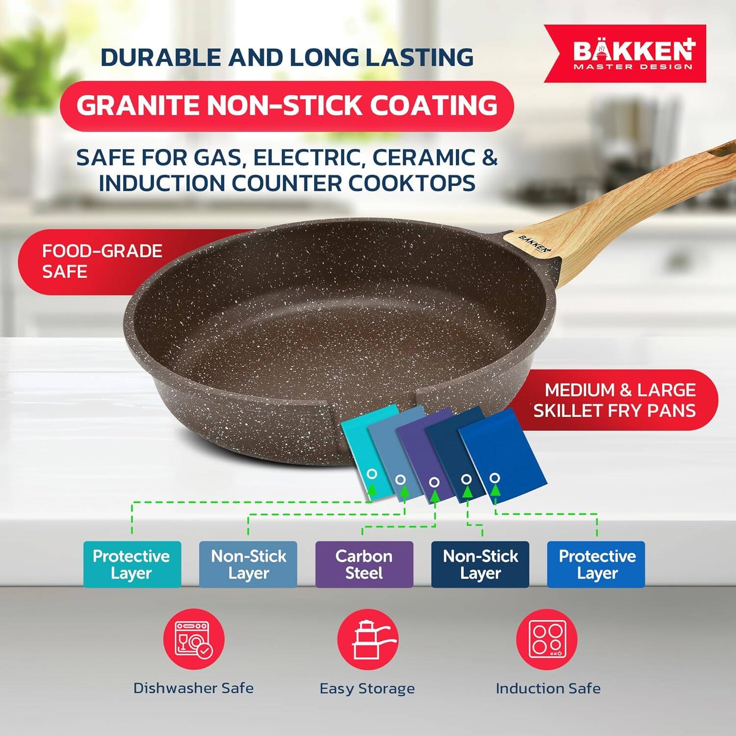 DURABLE AND LONG LASTING  
GRANITE NON-STICK COATING  
SAFE FOR GAS, ELECTRIC, CERAMIC & INDUCTION COUNTER COOKTOPS  
FOOD-GRADE SAFE  

BAKKEN  
MASTER DESIGN  

MEDIUM & LARGE SKILLET FRY PANS  

Protective Layer  
Non-Stick Layer  
Carbon Steel  
Non-Stick Layer  
Protective Layer  

Dishwasher Safe  
Easy Storage  
Induction Safe