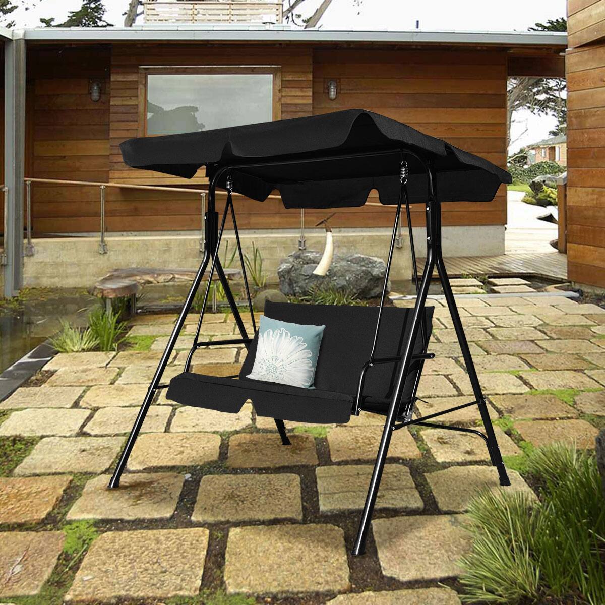 Alt View 1. Costway - Costway Loveseat Patio Canopy Swing Glider Hammock Cushioned Steel Frame Outdoor - Black.