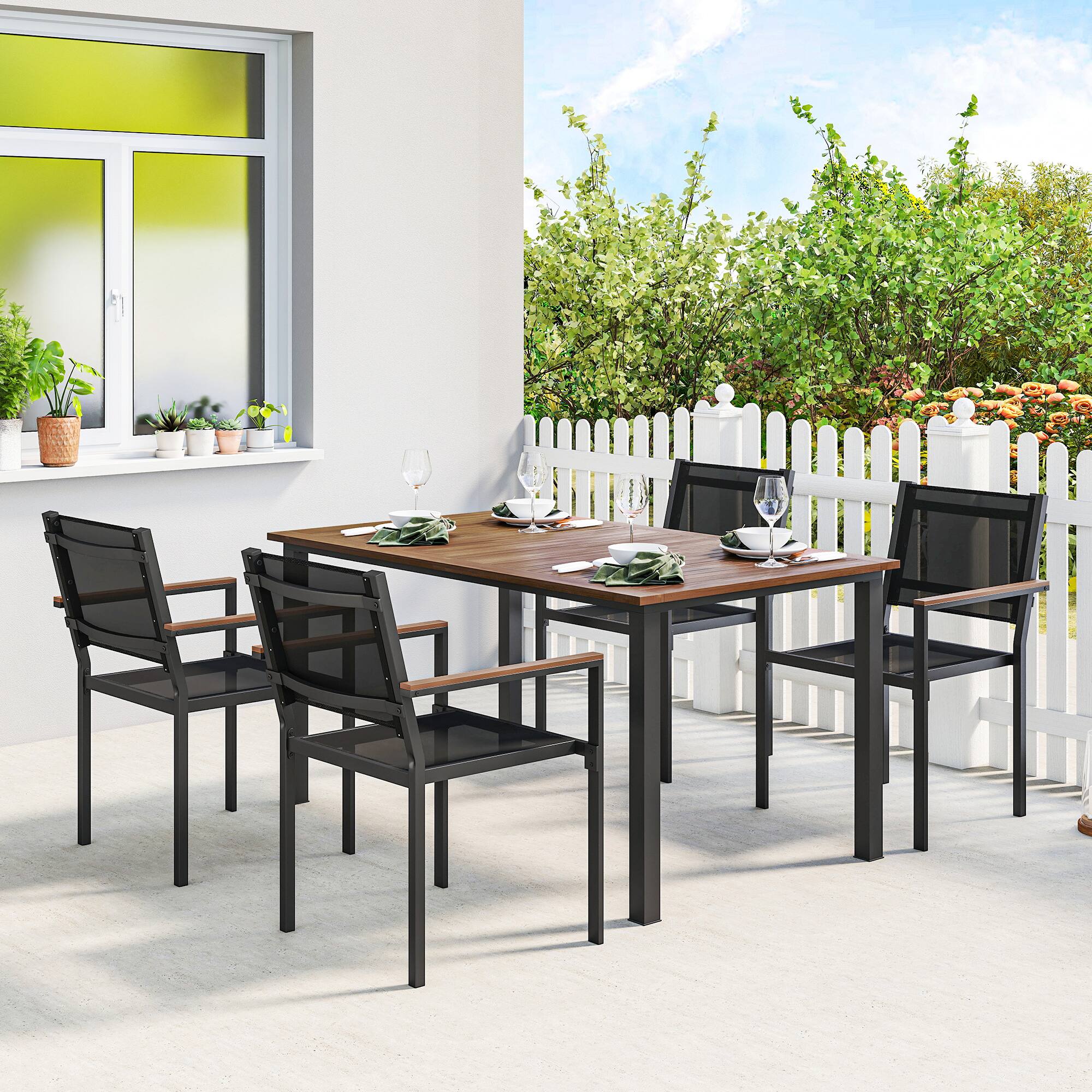Alt View 1. Outsunny - 5 Piece Outdoor Dining Set, Outdoor Table and Chairs for 4, Rectangular Acacia Wood Tabletop and Mesh Stackable Chairs - Teak.