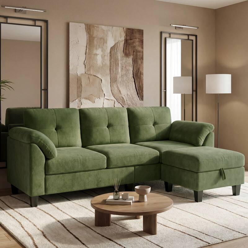 Angle. Dyonery - 79" Modular L-Shaped Sectional Sofa, Modern 4-Seat Cloud Couch with Storage Ottoman, Comfy Convertible Furniture Set. - Green.