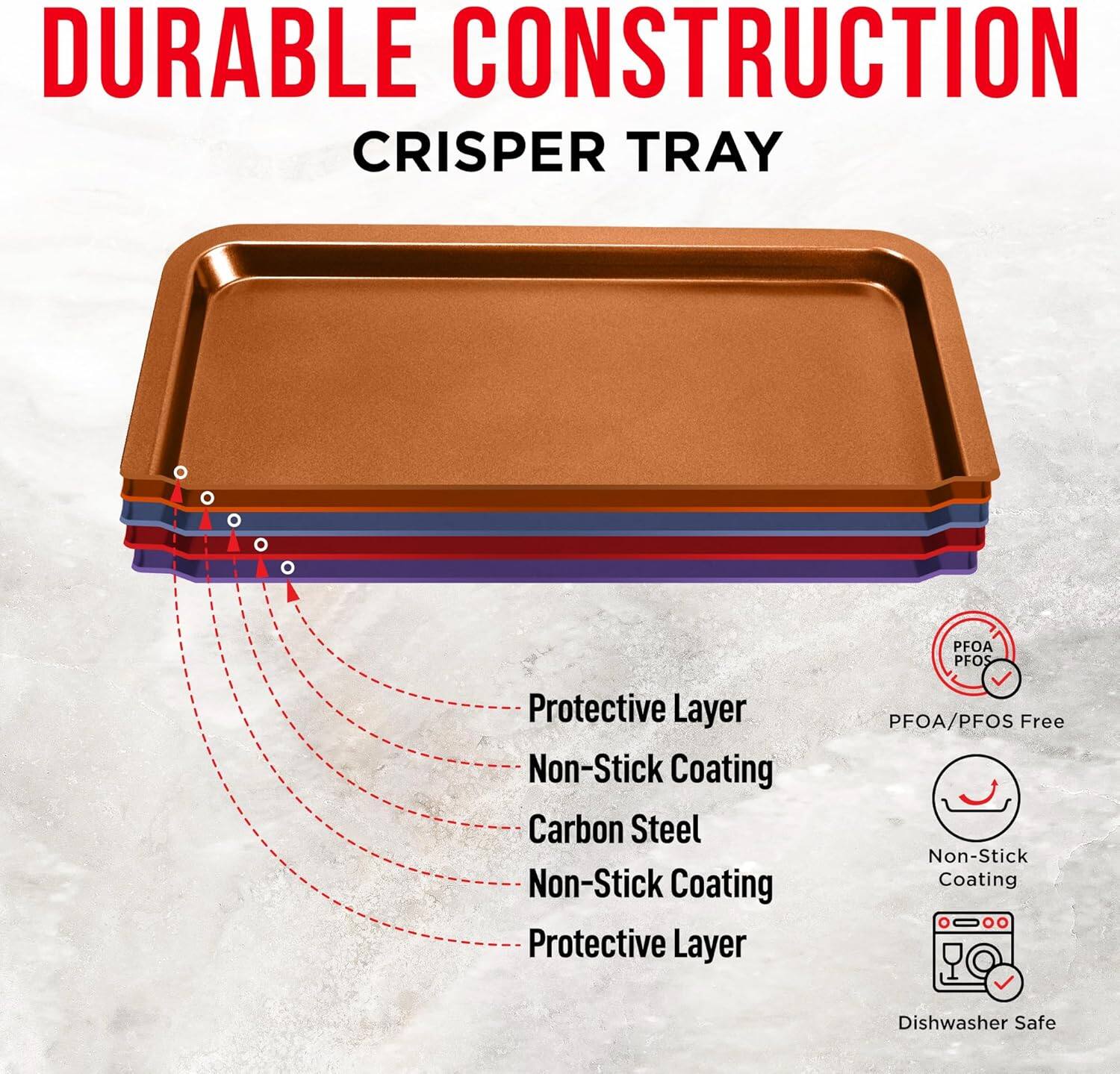 DURABLE CONSTRUCTION CRISPER TRAY

Protective Layer
Non-Stick Coating
Carbon Steel
Non-Stick Coating
Protective Layer
PFOA/PFOS Free
Non-Stick Coating
Dishwasher Safe