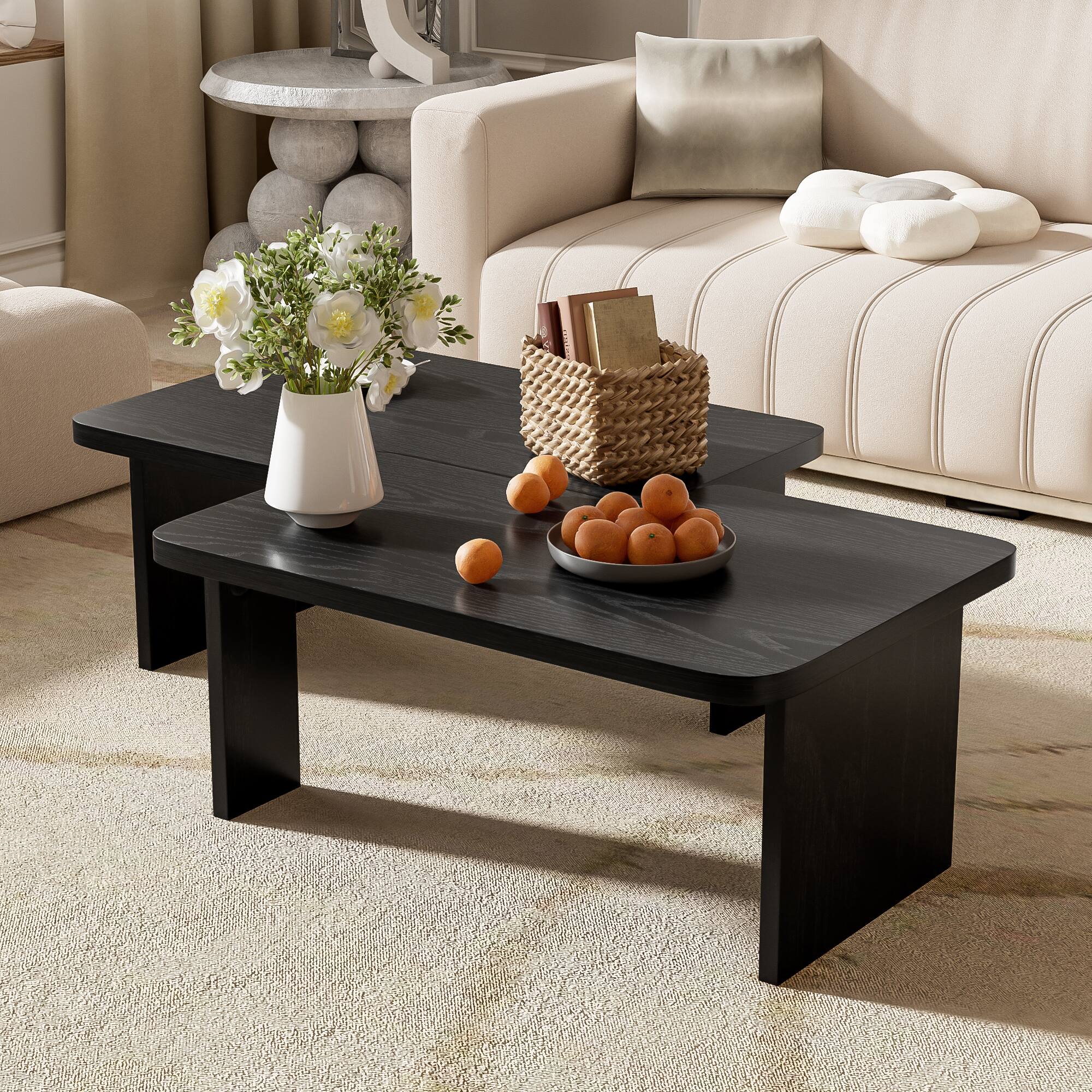 APRILSOUL - Round Wood Coffee Table Living Room Small Space Apartment No Need Assembly - Black
