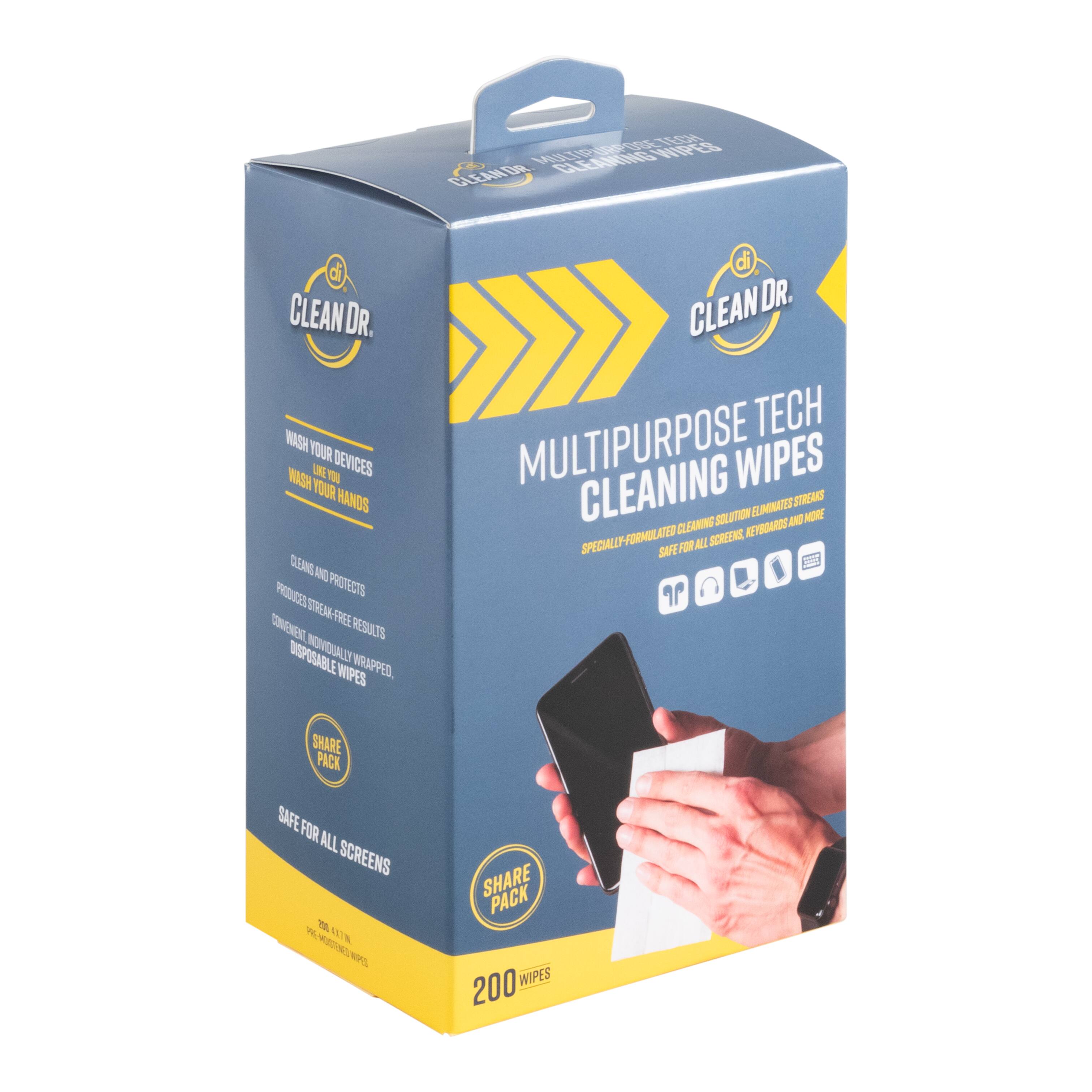 CLEAN DR.  
MULTIPURPOSE TECH CLEANING WIPES  

WASH YOUR DEVICES LIKE YOU WASH YOUR HANDS  

CLEAN AND PROTECTS  
PRODUCES STREAK-FREE RESULTS  
CONVENIENTLY INDIVIDUALLY WRAPPED  
DISPOSABLE WIPES  

SAFE FOR ALL SCREENS  

SHARE PACK  
200 WIPES  

SPECIAL FORMULATED CLEANING SOLUTION ELIMINATES STREAKS  
SAFE FOR ALL SCREENS, KEYBOARDS AND MORE  

SAFE FOR ALL SCREENS  

SHARE PACK